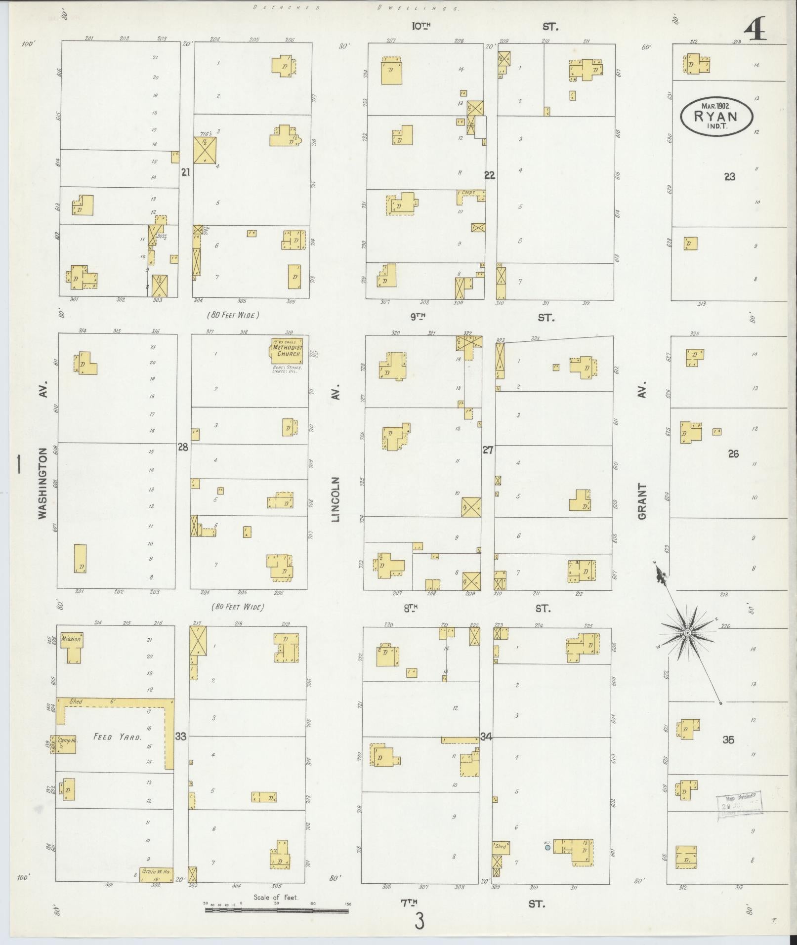 Sanborn Fire Insurance Map from Ryan, Jefferson County, Oklahoma (1902), Sheet #0004 - Complete Map Set gallery image, historic Sanborn map, vintage wall art, Oklahoma Oklahoma