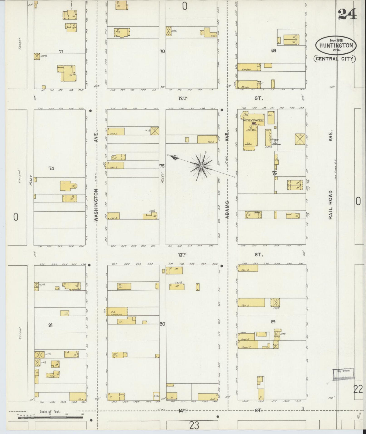 Sanborn Fire Insurance Map from Huntington, Cabell County, West Virginia (1898), Sheet #0024 - Complete Map Set gallery image, historic Sanborn map, vintage wall art, West Virginia West Virginia