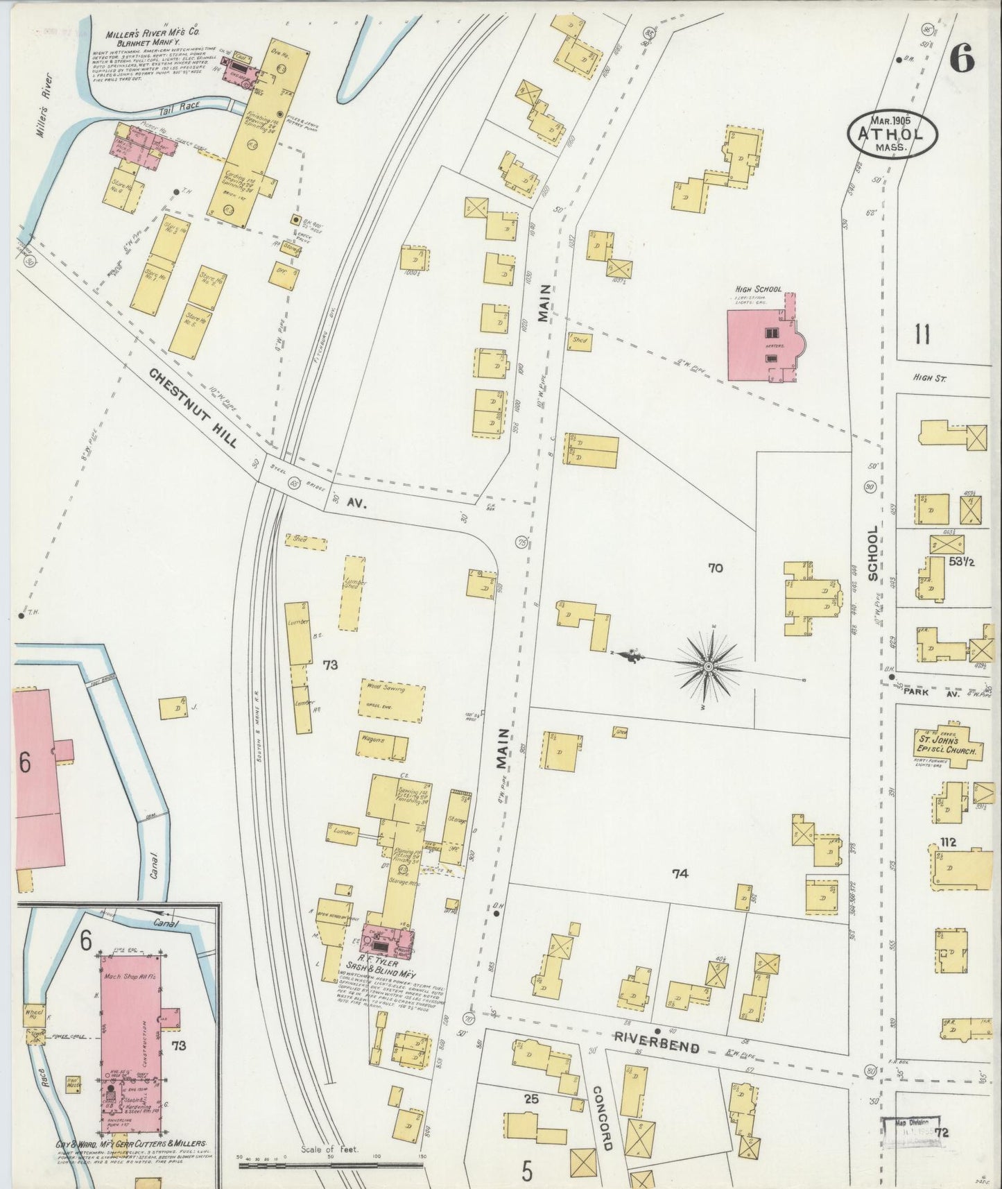 Sanborn Fire Insurance Map from Athol, Worcester County, Massachusetts (1905), Sheet #0006 - Historic Sanborn Fire Insurance Map Print, vintage old map wall art, antique decor, genealogy gift, Massachusetts Massachusetts map