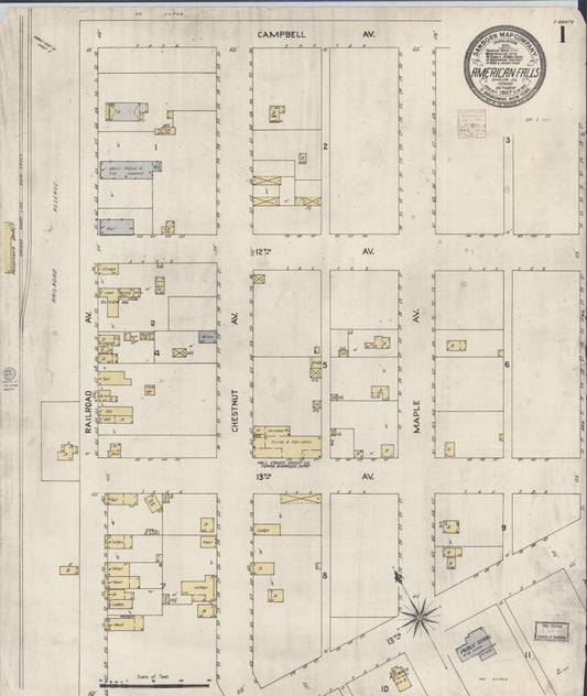 Sanborn Fire Insurance Map from American Falls, Power County, Idaho (1907), Sheet #0001 - Complete Map Set gallery image, historic Sanborn map, vintage wall art, Idaho Idaho