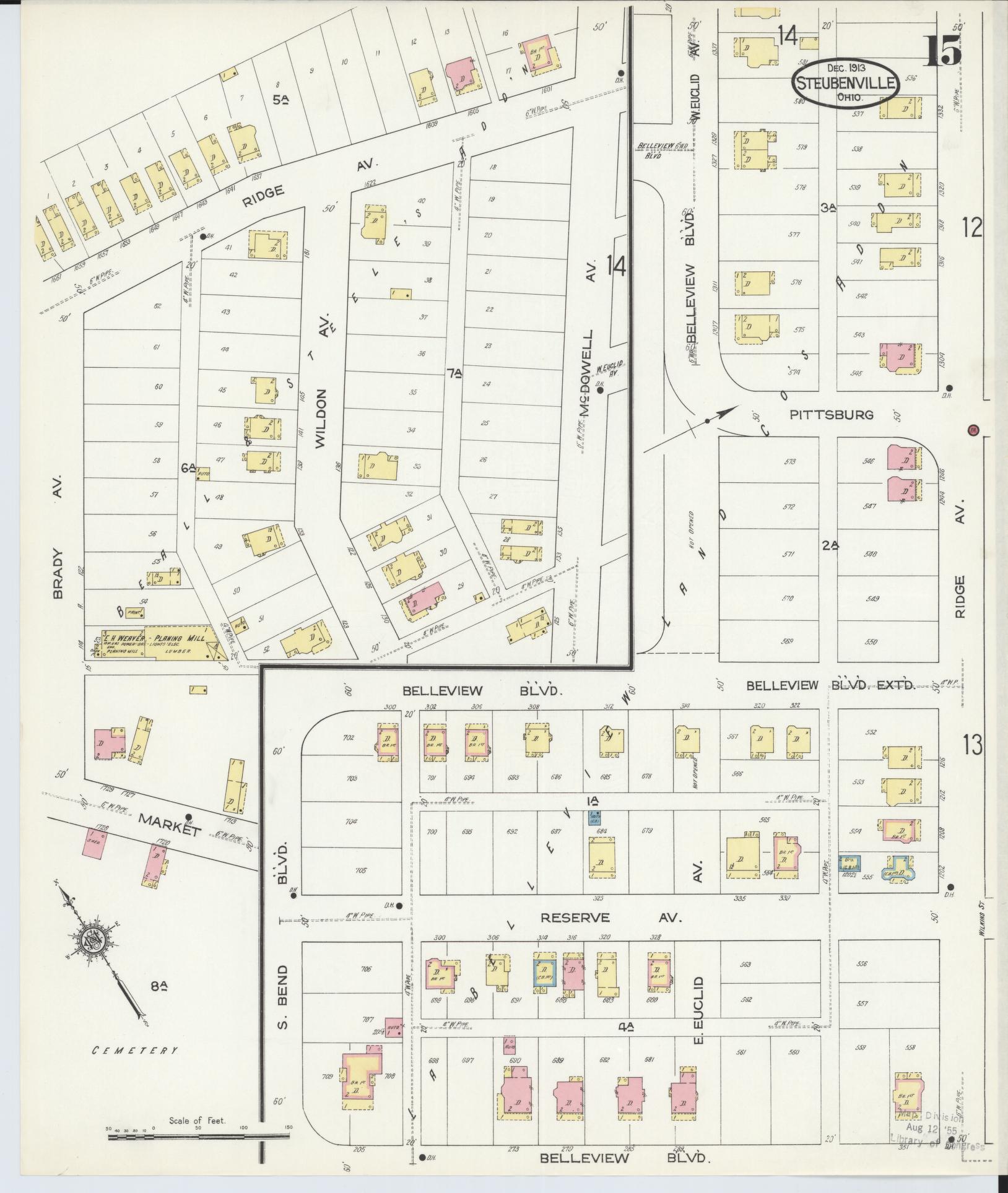 Sanborn Fire Insurance Map from Steubenville, Jefferson County, Ohio (1913), Sheet #0015 - Historic Sanborn Fire Insurance Map Print, vintage old map wall art, antique decor, genealogy gift, Ohio Ohio map