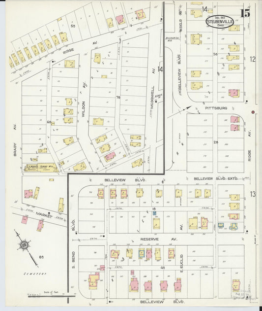 Sanborn Fire Insurance Map from Steubenville, Jefferson County, Ohio (1913), Sheet #0015 - Historic Sanborn Fire Insurance Map Print, vintage old map wall art, antique decor, genealogy gift, Ohio Ohio map