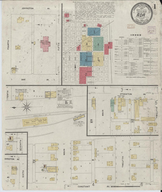 Sanborn Fire Insurance Map from Ada, Pontotoc County, Oklahoma (1908), Sheet #0001 - Complete Map Set gallery image, historic Sanborn map, vintage wall art, Oklahoma Oklahoma