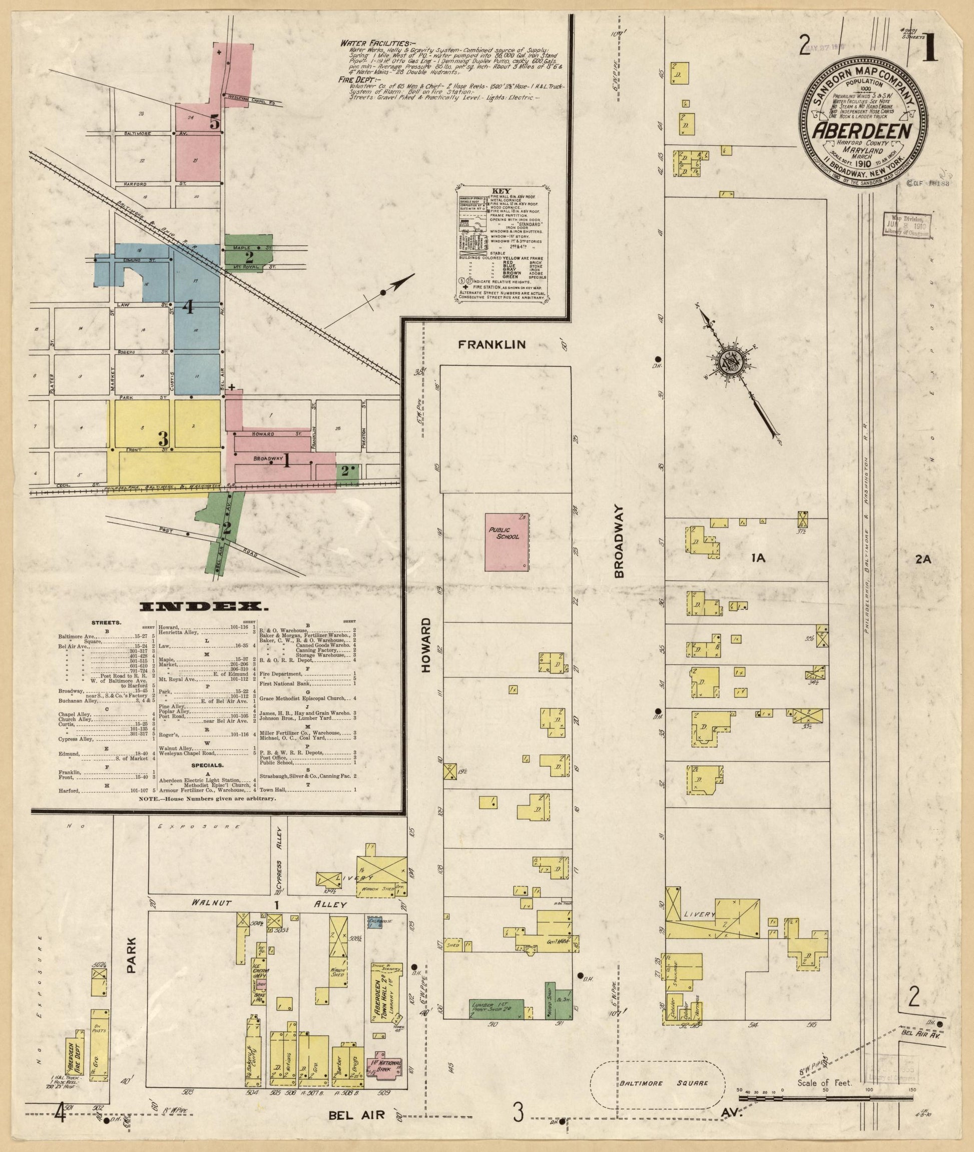 Sanborn Fire Insurance Map from Aberdeen, Harford County, Maryland (1910), Sheet #0001 - Historic Sanborn Fire Insurance Map Print, vintage old map wall art, antique decor, genealogy gift, Maryland Maryland map