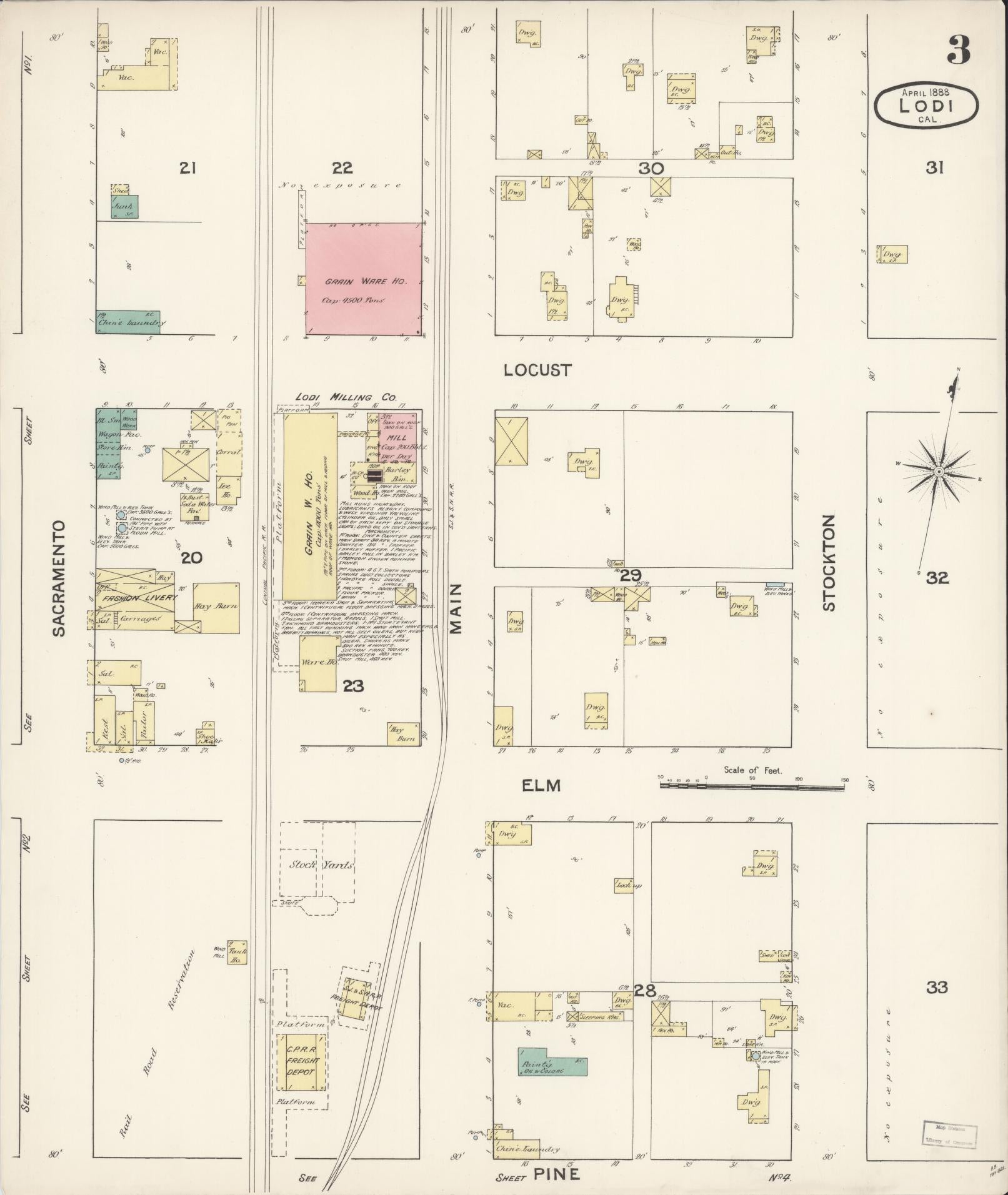 Sanborn Fire Insurance Map from Lodi, San Joaquin County, California (1888), Sheet #0003 - Historic Sanborn Fire Insurance Map Print, vintage old map wall art, antique decor, genealogy gift, California California map