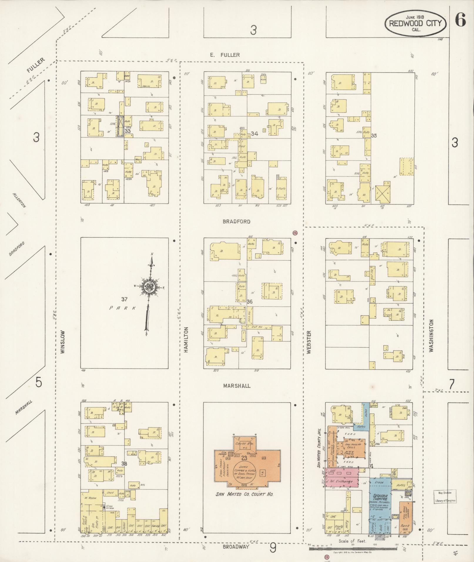 Sanborn Fire Insurance Map from Redwood City, San Mateo County, California (1919), Sheet #0006 - Complete Map Set gallery image, historic Sanborn map, vintage wall art, California California