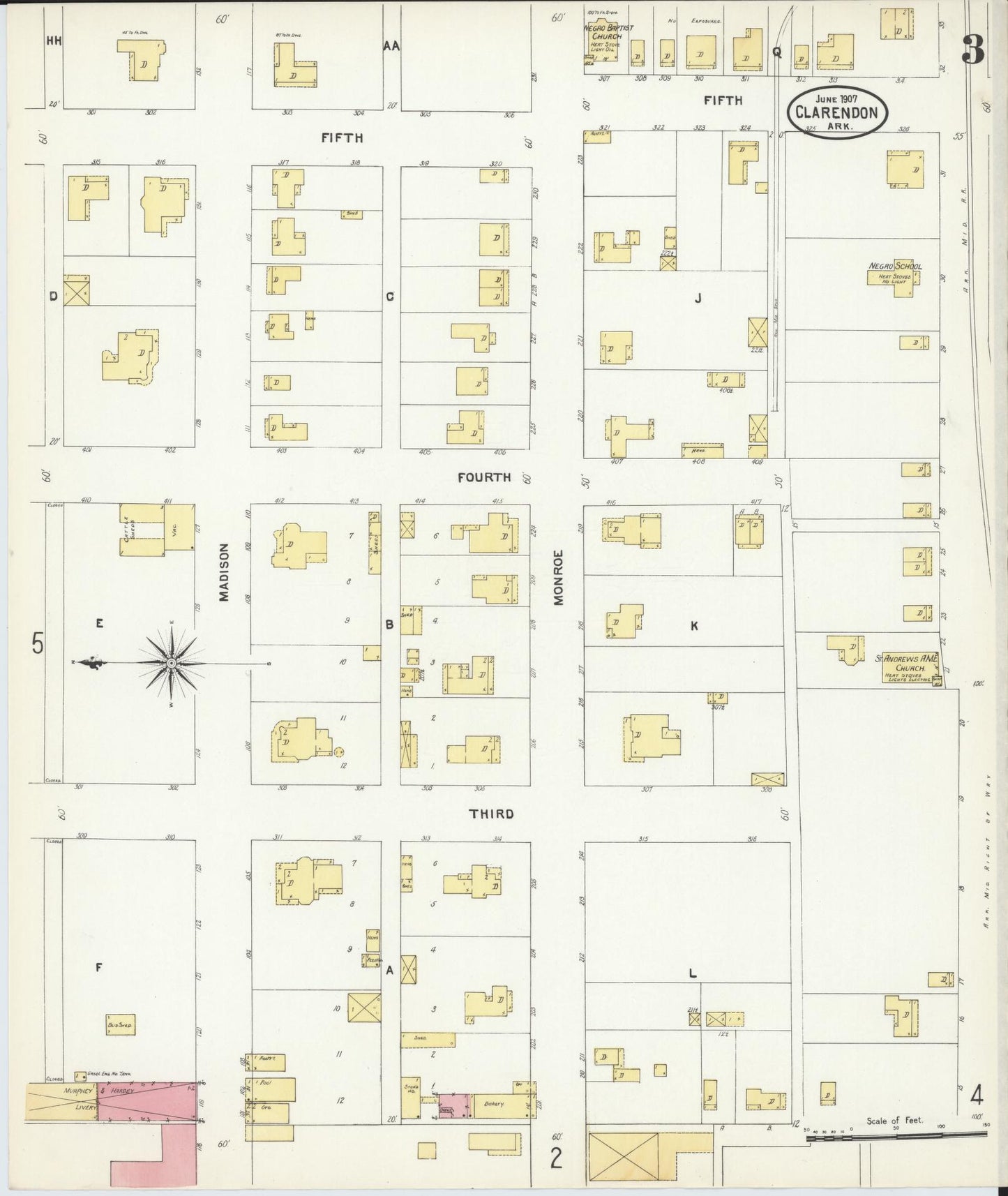 Sanborn Fire Insurance Map from Clarendon, Monroe County, Arkansas (1907), Sheet #0003 - Complete Map Set gallery image, historic Sanborn map, vintage wall art, Arkansas Arkansas