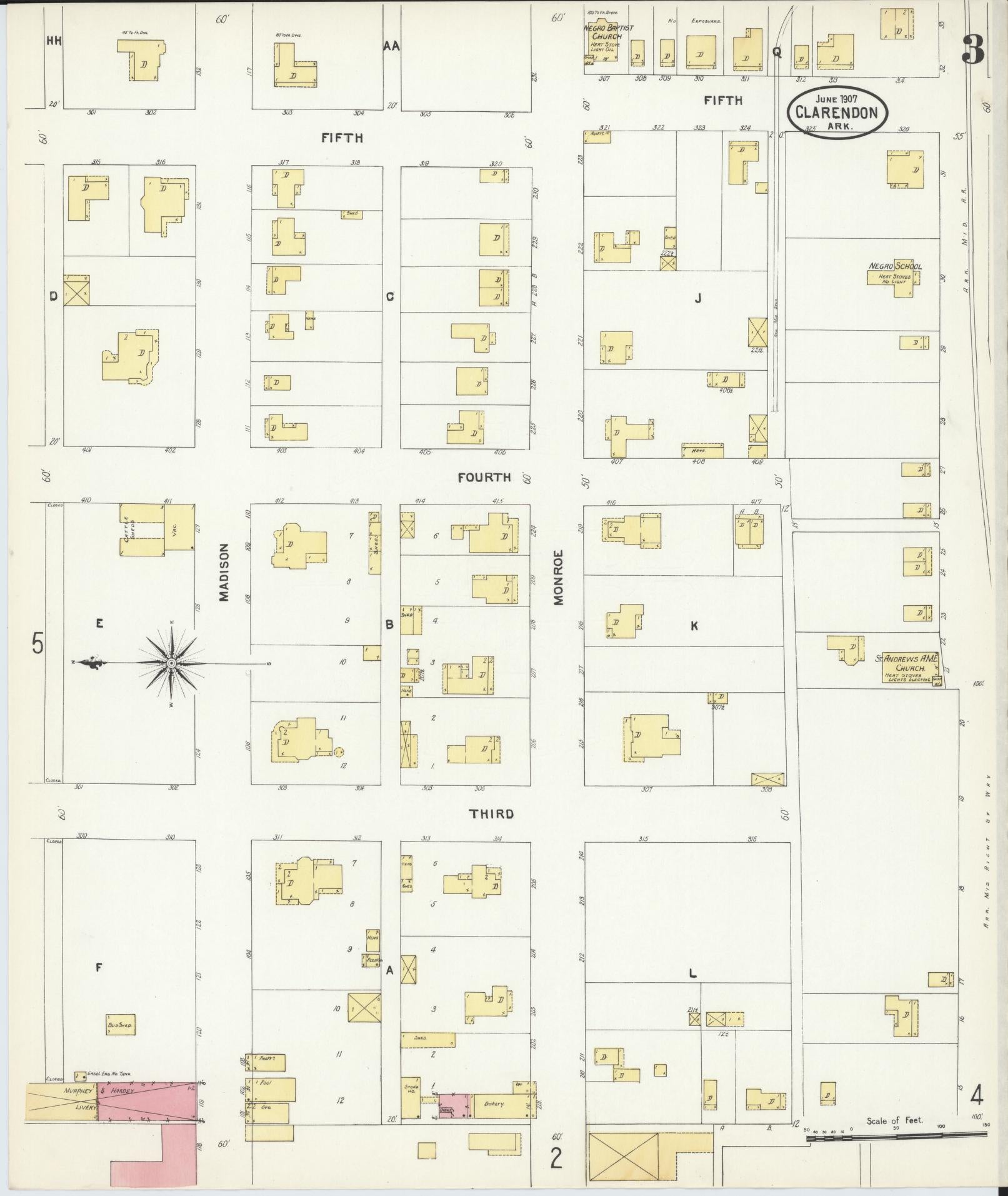 Sanborn Fire Insurance Map from Clarendon, Monroe County, Arkansas (1907), Sheet #0003 - Complete Map Set gallery image, historic Sanborn map, vintage wall art, Arkansas Arkansas