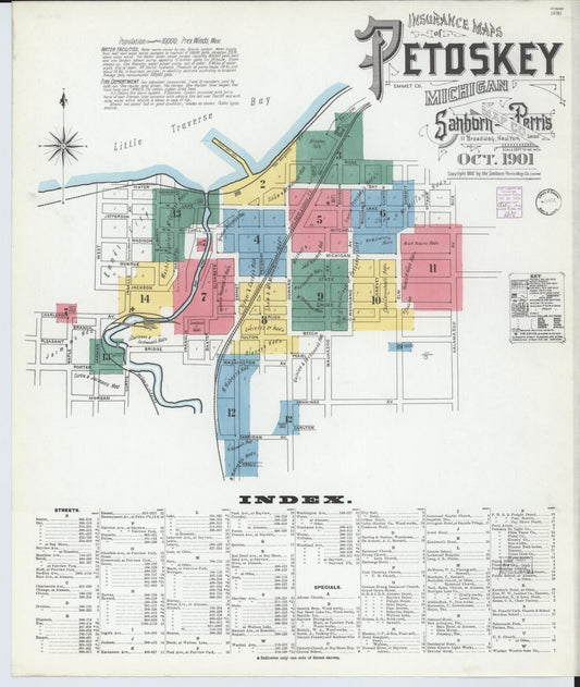 Sanborn Fire Insurance Map from Petoskey, Emmet County, Michigan (1901), Sheet #0001 - Historic Sanborn Fire Insurance Map Print, vintage old map wall art, antique decor, genealogy gift, Michigan Michigan map