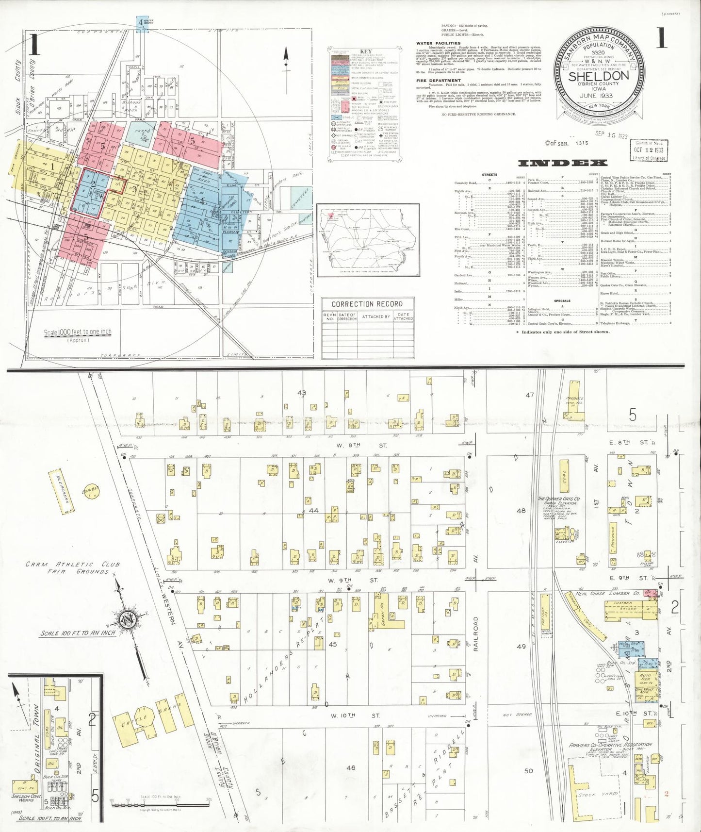 Sanborn Fire Insurance Map from Sheldon, O'Brien County, Iowa (1933), Sheet #0001 - Historic Sanborn Fire Insurance Map Print, vintage old map wall art