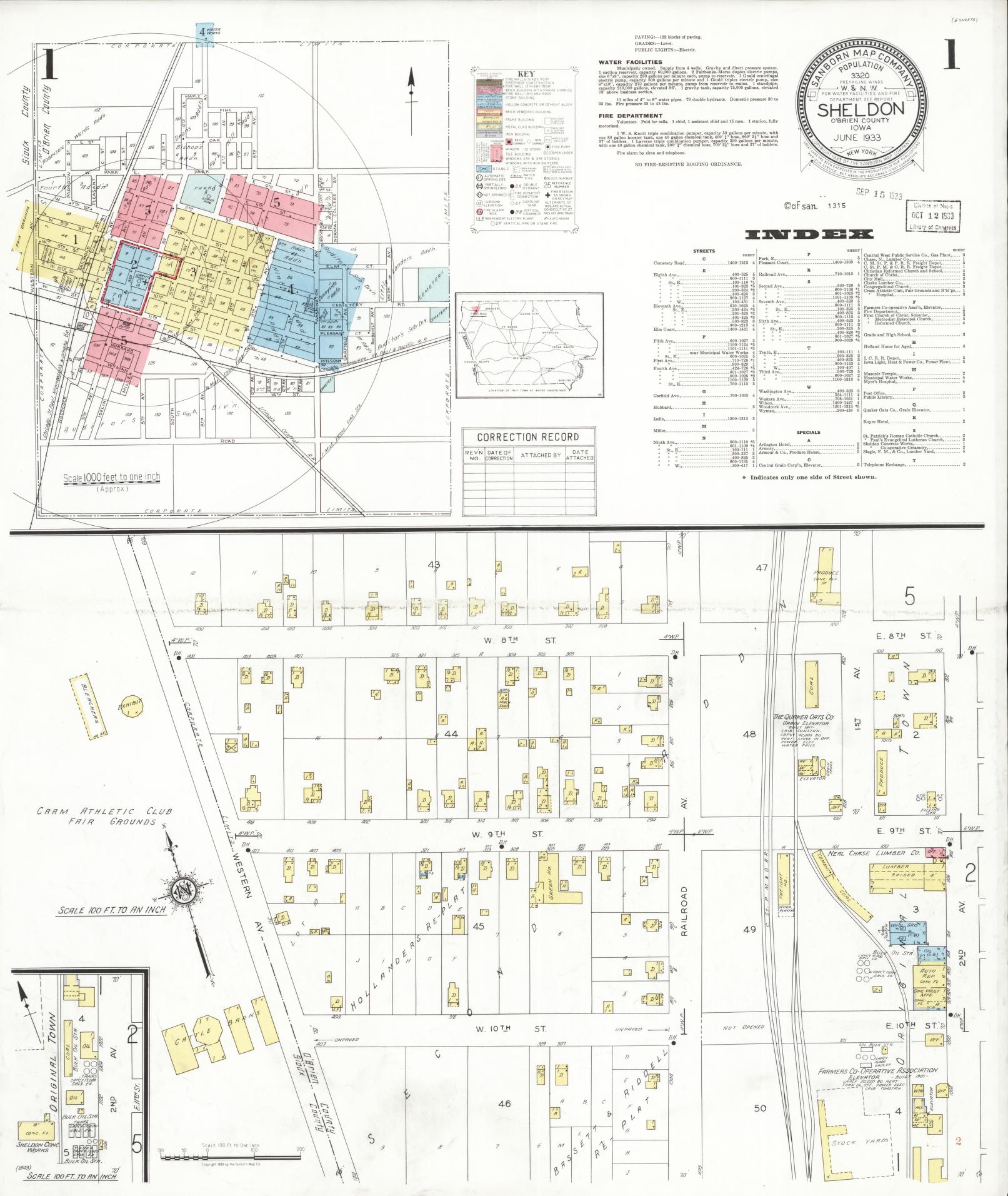 Sanborn Fire Insurance Map from Sheldon, O'Brien County, Iowa (1933), Sheet #0001 - Historic Sanborn Fire Insurance Map Print, vintage old map wall art