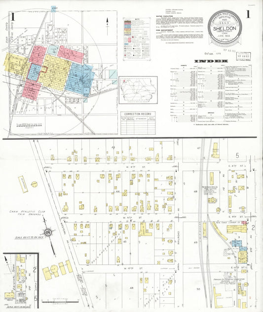 Sanborn Fire Insurance Map from Sheldon, O'Brien County, Iowa (1933), Sheet #0001 - Historic Sanborn Fire Insurance Map Print, vintage old map wall art