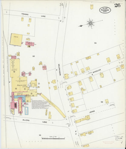 Sanborn Fire Insurance Map from Peabody, Essex County, Massachusetts (1907), Sheet #0026 - Complete Map Set gallery image, historic Sanborn map, vintage wall art, Massachusetts Massachusetts