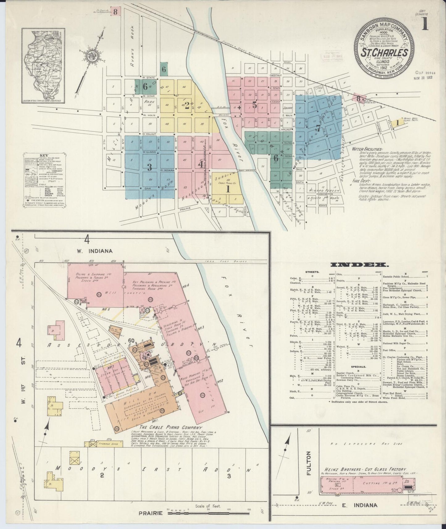 Sanborn Fire Insurance Map from Saint Charles, Kane County, Illinois (1912), Sheet #0001 - Historic Sanborn Fire Insurance Map Print, vintage old map wall art, antique decor, genealogy gift, Illinois Illinois map