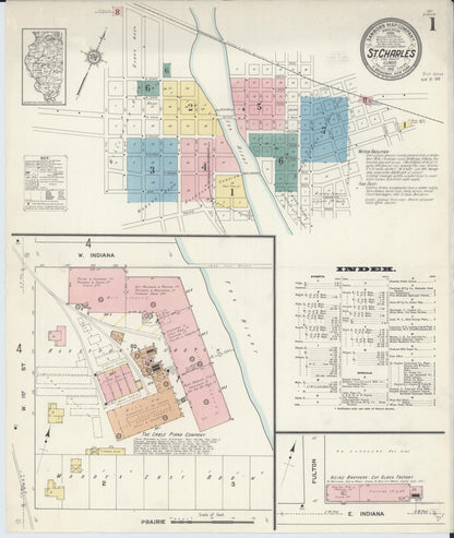 Sanborn Fire Insurance Map from Saint Charles, Kane County, Illinois (1912), Sheet #0001 - Historic Sanborn Fire Insurance Map Print, vintage old map wall art, antique decor, genealogy gift, Illinois Illinois map