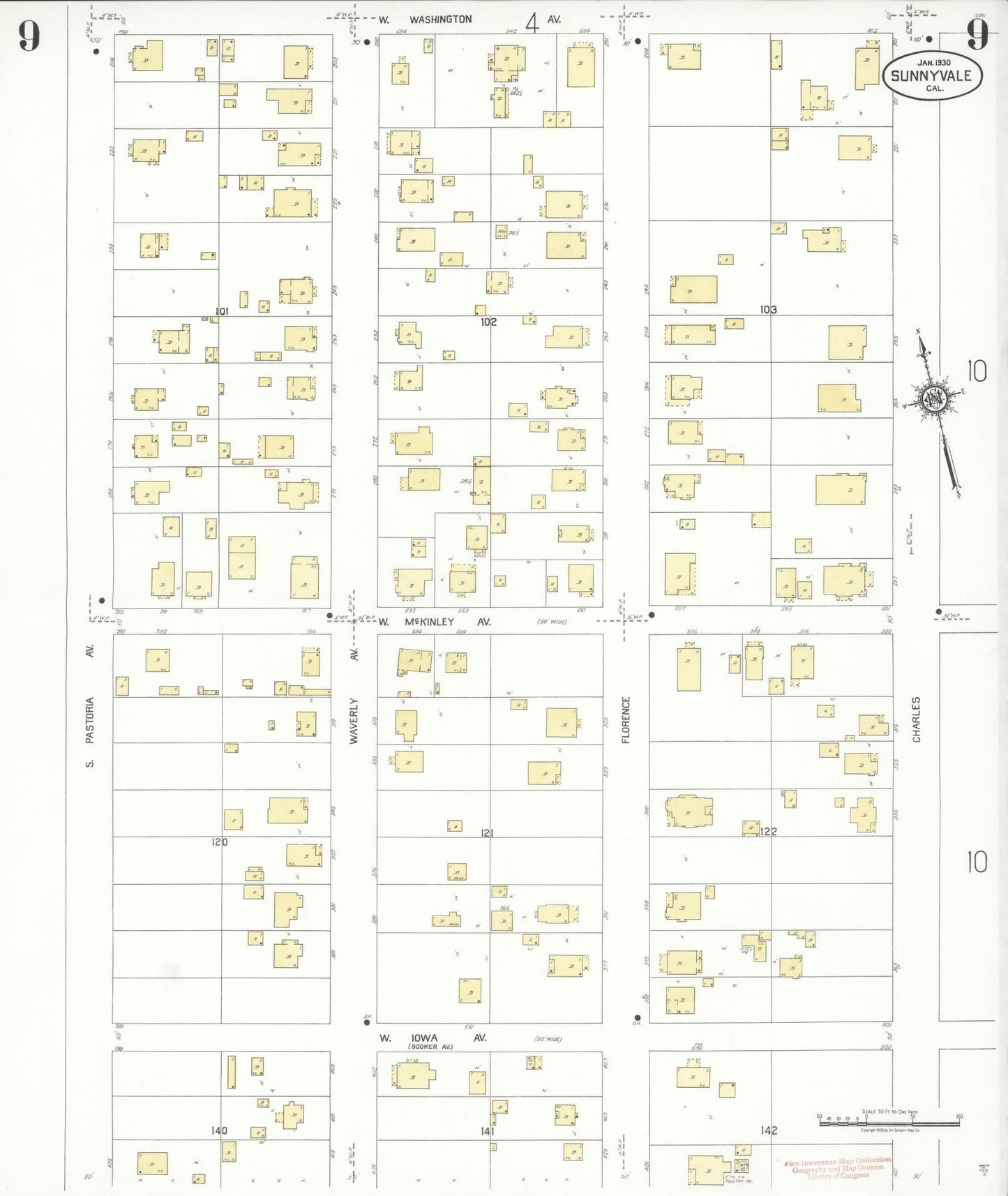 Sanborn Fire Insurance Map from Sunnyvale, Santa Clara County, California (1930), Sheet #0009 - Complete Map Set gallery image, historic Sanborn map, vintage wall art, California California
