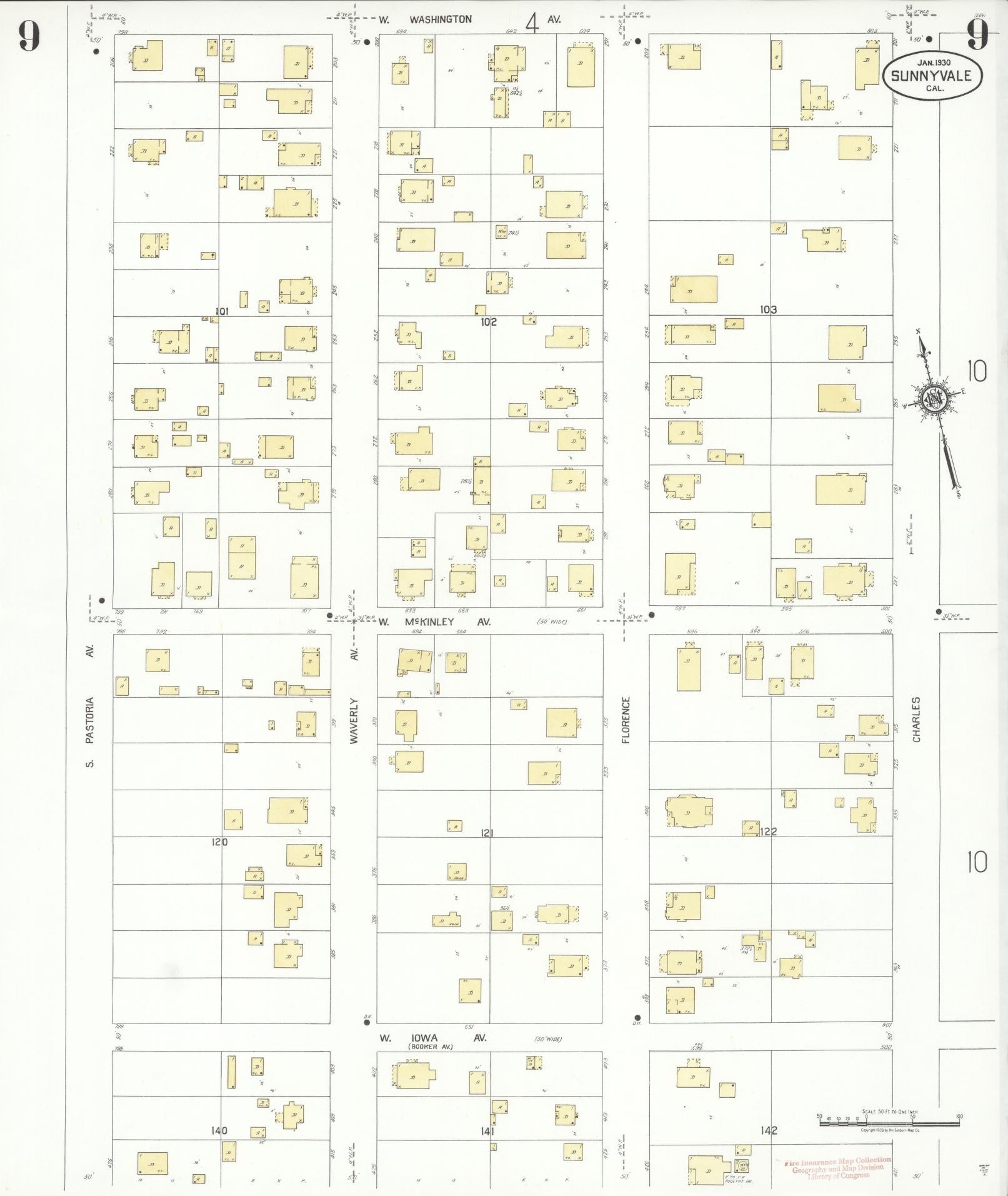 Sanborn Fire Insurance Map from Sunnyvale, Santa Clara County, California (1930), Sheet #0009 - Complete Map Set gallery image, historic Sanborn map, vintage wall art, California California