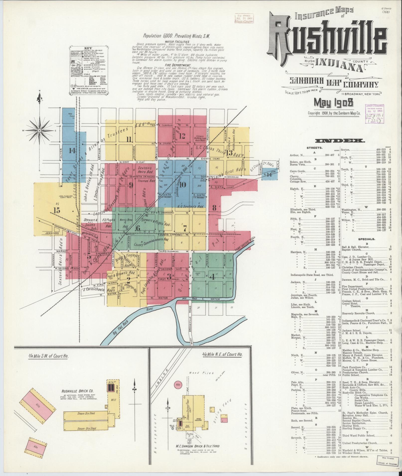 Sanborn Fire Insurance Map from Rushville, Rush County, Indiana (1908), Sheet #0001 - Complete Map Set gallery image, historic Sanborn map, vintage wall art, Indiana Indiana