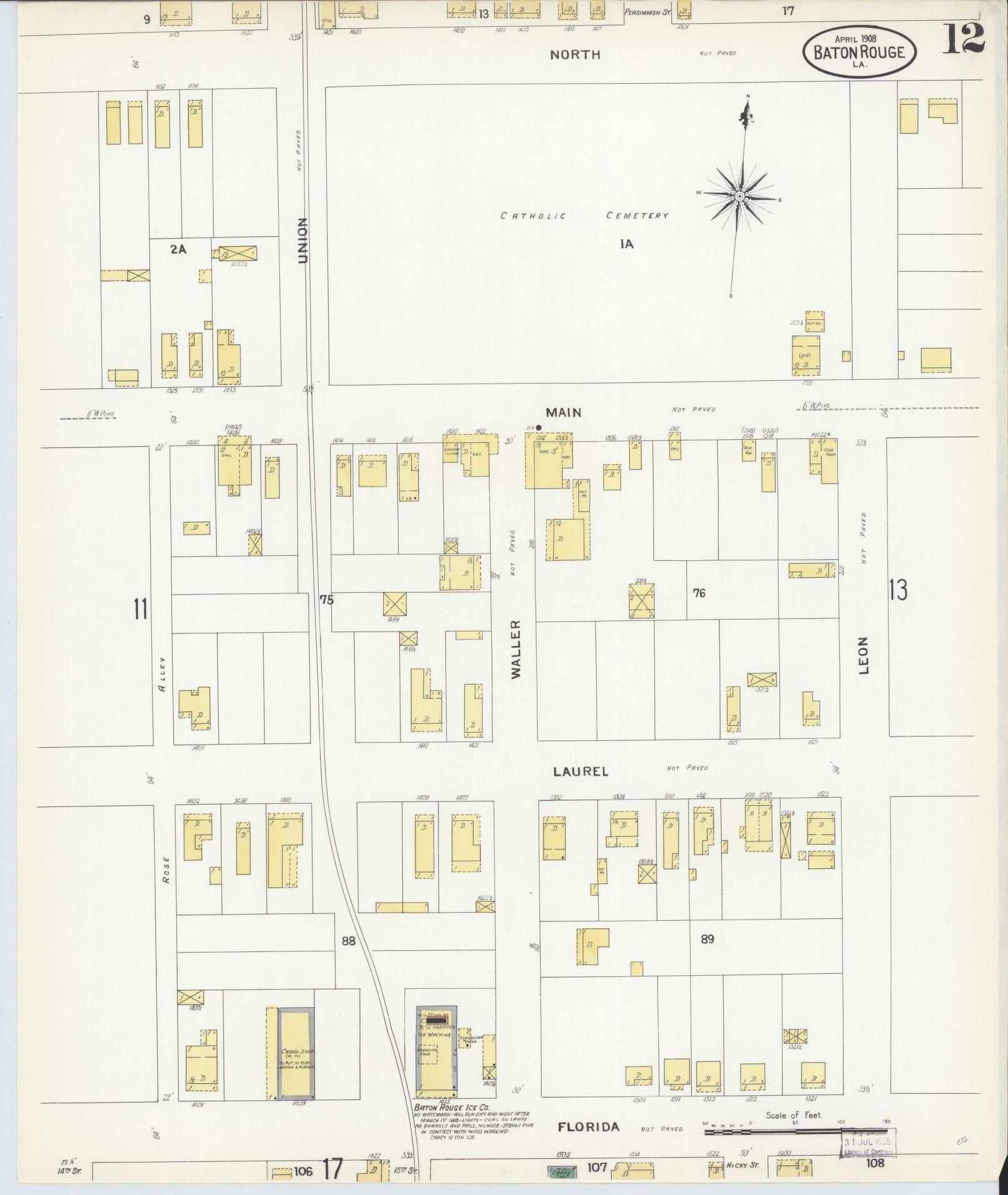 Sanborn Fire Insurance Map from Baton Rouge, East Baton Rouge Parish, Louisiana (1908), Sheet #0012 - Historic Sanborn Fire Insurance Map Print, vintage old map wall art, antique decor, genealogy gift, Louisiana Louisiana map