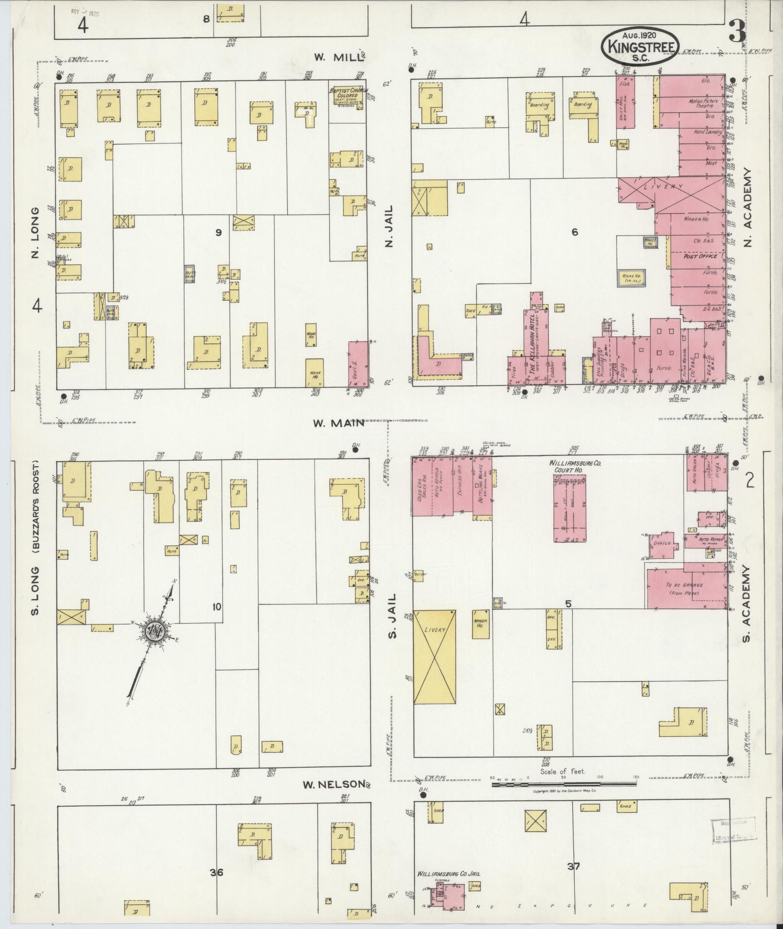 Sanborn Fire Insurance Map from Kingstree, Williamsburg County, South Carolina (1920), Sheet #0003 - Complete Map Set gallery image, historic Sanborn map, vintage wall art, South Carolina South Carolina
