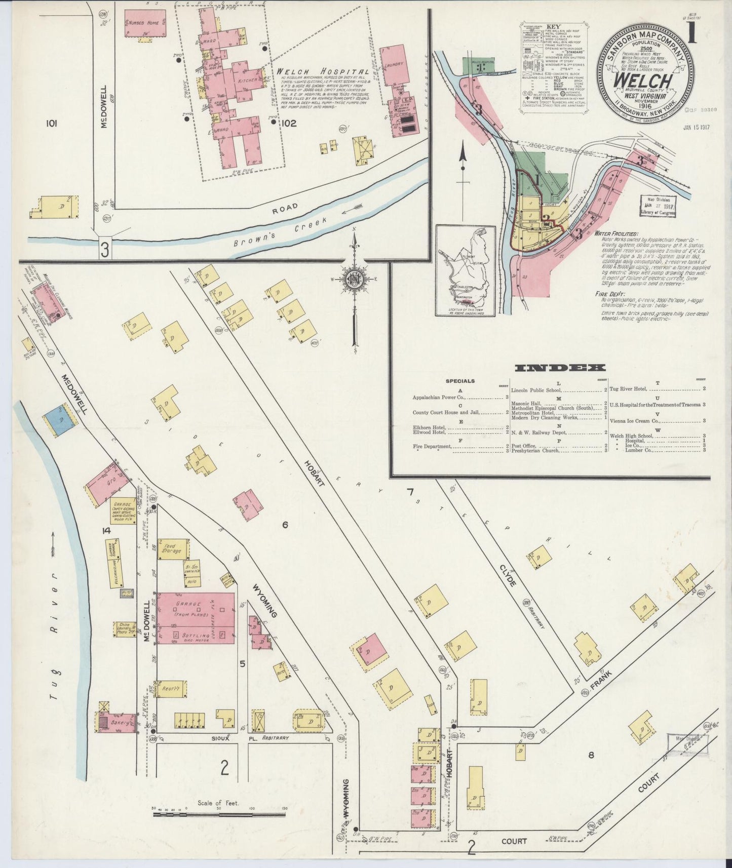 Sanborn Fire Insurance Map from Welch, Mcdowell County, West Virginia (1916), Sheet #0001 - Historic Sanborn Fire Insurance Map Print, vintage old map wall art, antique decor, genealogy gift, West Virginia West Virginia map