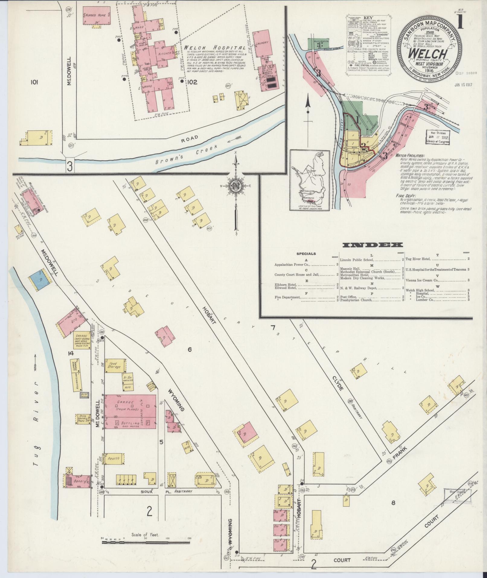 Sanborn Fire Insurance Map from Welch, Mcdowell County, West Virginia (1916), Sheet #0001 - Historic Sanborn Fire Insurance Map Print, vintage old map wall art, antique decor, genealogy gift, West Virginia West Virginia map