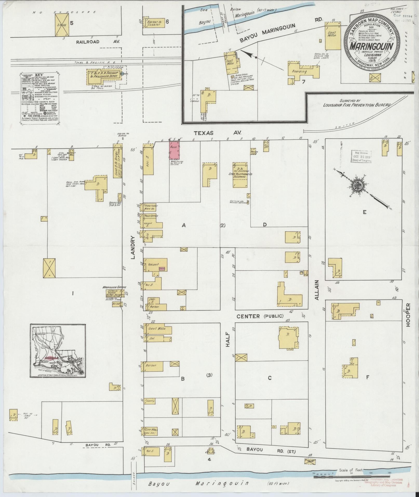 Sanborn Fire Insurance Map from Maringouin, Iberville Parish, Louisiana (1919), Sheet #0001 - Historic Sanborn Fire Insurance Map Print, vintage old map wall art, antique decor, genealogy gift, Louisiana Louisiana map