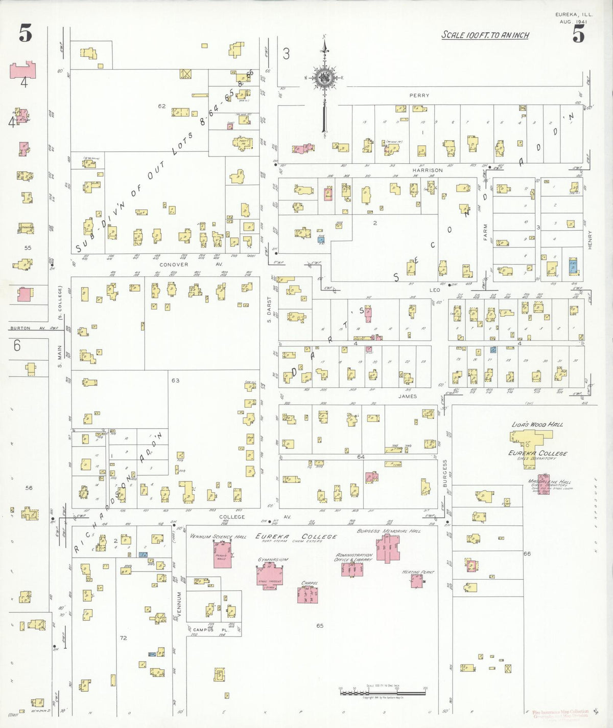 Sanborn Fire Insurance Map from Eureka, Woodford County, Illinois (1941), Sheet #0005 - Historic Sanborn Fire Insurance Map Print, vintage old map wall art, antique decor, genealogy gift, Illinois Illinois map
