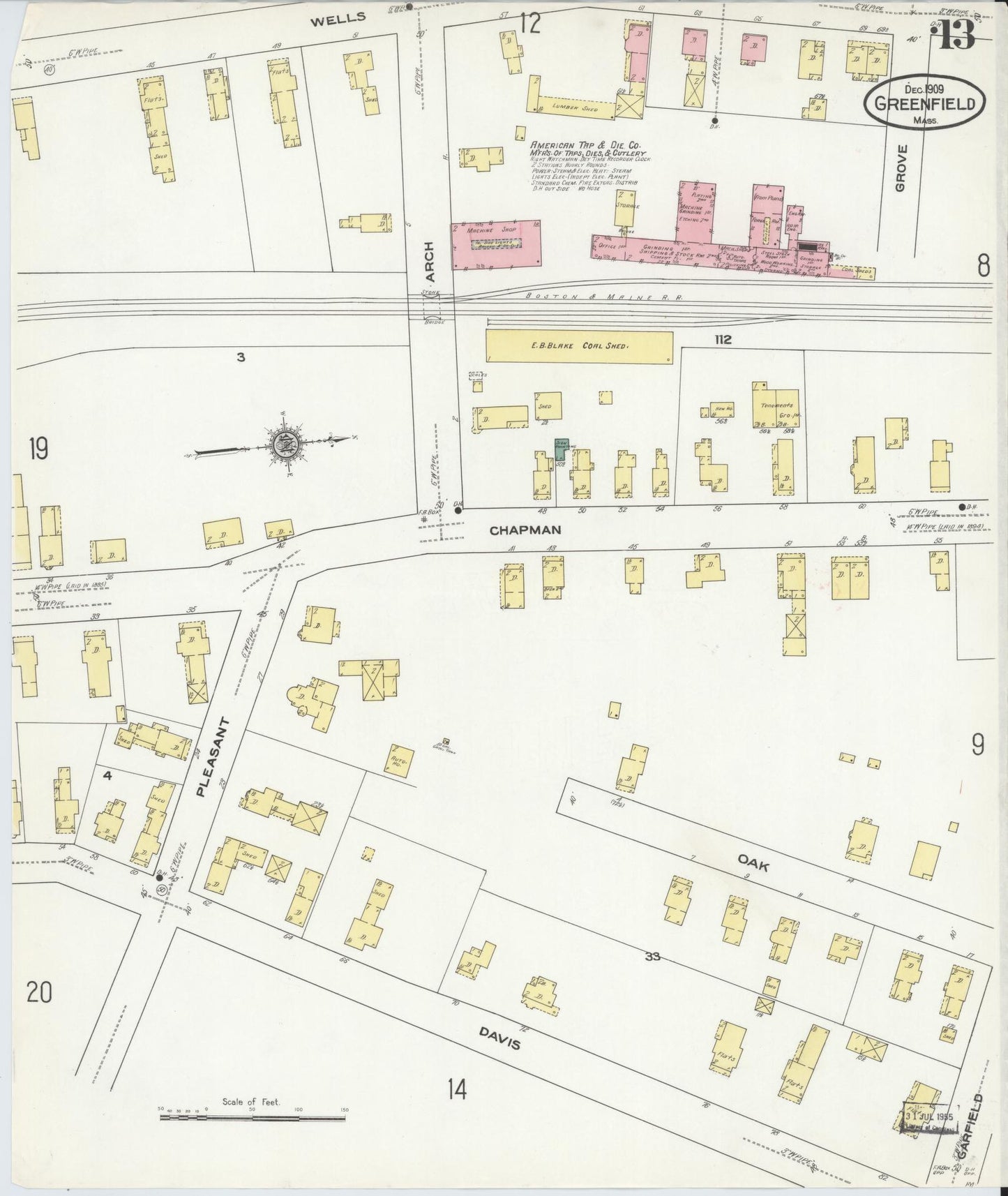 Sanborn Fire Insurance Map from Greenfield, Franklin County, Massachusetts (1909), Sheet #0013 - Historic Sanborn Fire Insurance Map Print, vintage old map wall art, antique decor, genealogy gift, Massachusetts Massachusetts map