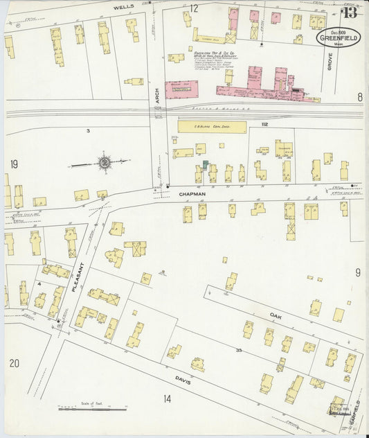 Sanborn Fire Insurance Map from Greenfield, Franklin County, Massachusetts (1909), Sheet #0013 - Historic Sanborn Fire Insurance Map Print, vintage old map wall art, antique decor, genealogy gift, Massachusetts Massachusetts map