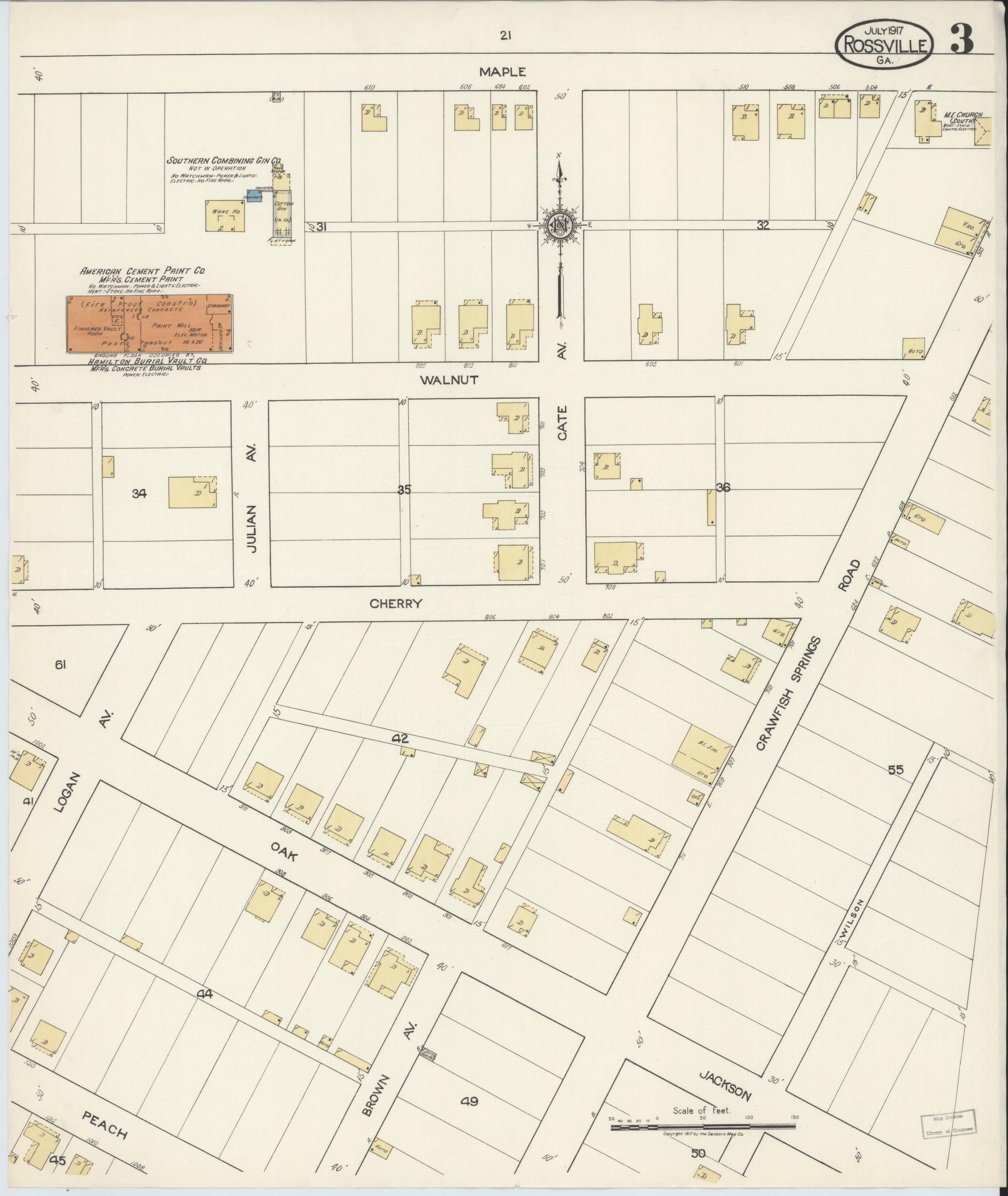 Sanborn Fire Insurance Map from Rossville, Walker County, Georgia (1917), Sheet #0003 - Complete Map Set gallery image, historic Sanborn map, vintage wall art, Georgia Georgia