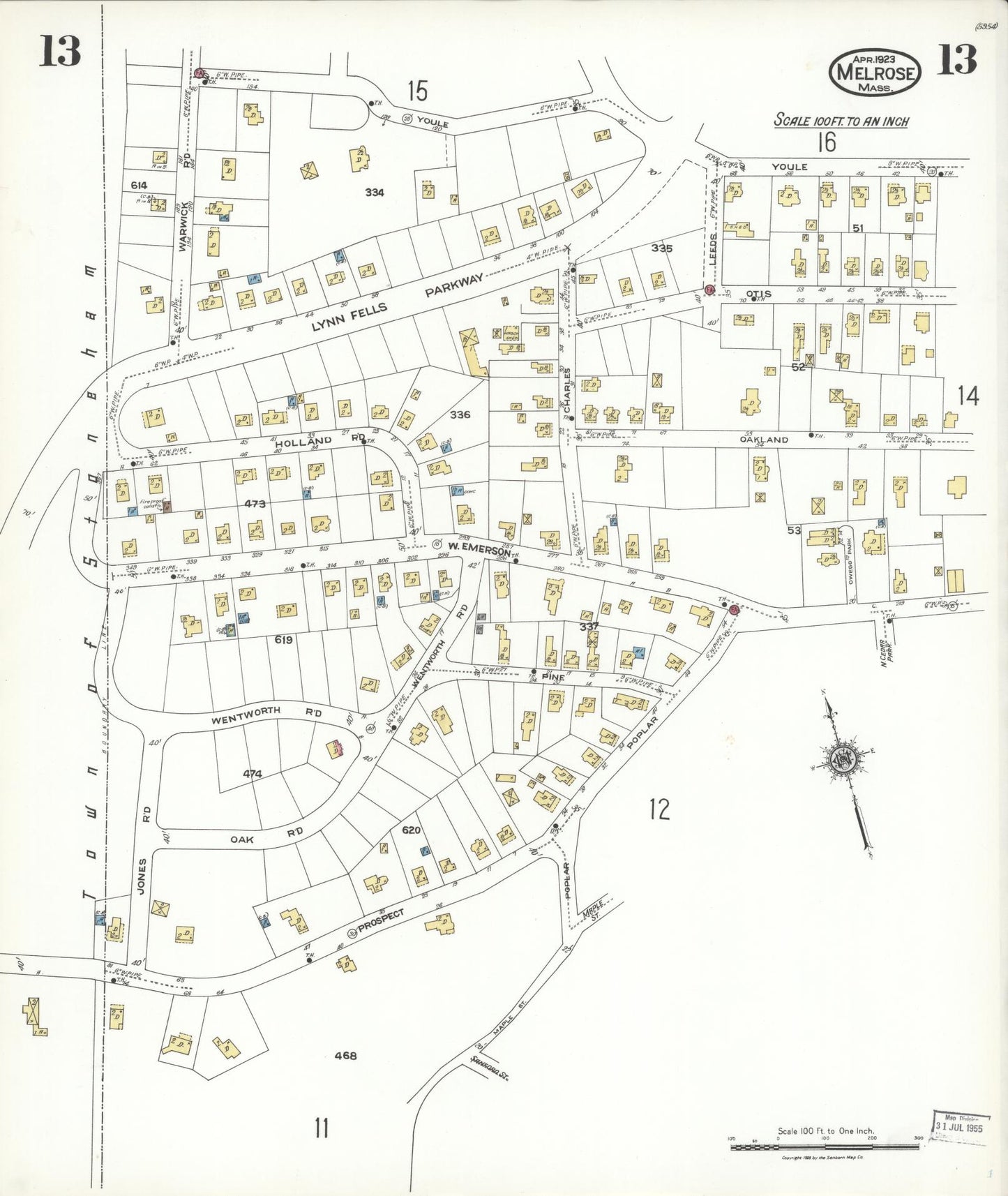 Sanborn Fire Insurance Map from Melrose, Middlesex County, Massachusetts (1923), Sheet #0013 - Complete Map Set gallery image, historic Sanborn map, vintage wall art, Massachusetts Massachusetts