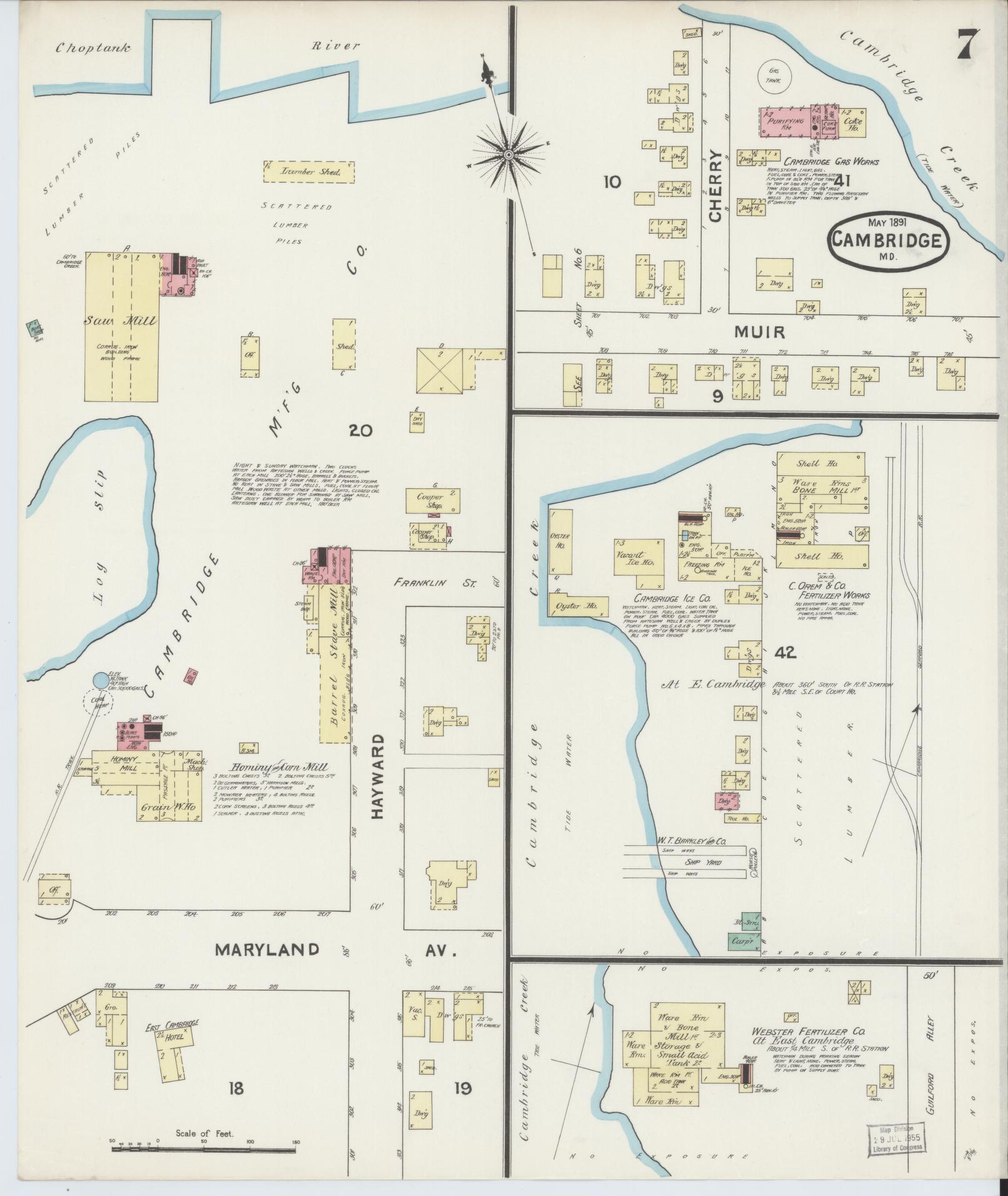 Dorchester, Maryland - 1891 - Sanborn Fire Insurance Map, Sheet #0007 - Historic Sanborn Fire Insurance Map Print, Dorchester Maryland 1891 0007 vintage old map wall art