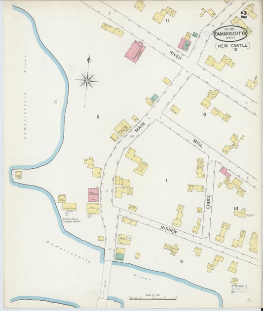 Sanborn Fire Insurance Map from Damariscotta, Lincoln County, Maine (1892), Sheet #0002 - Historic Sanborn Fire Insurance Map Print, vintage old map wall art, antique decor, genealogy gift, Maine Maine map