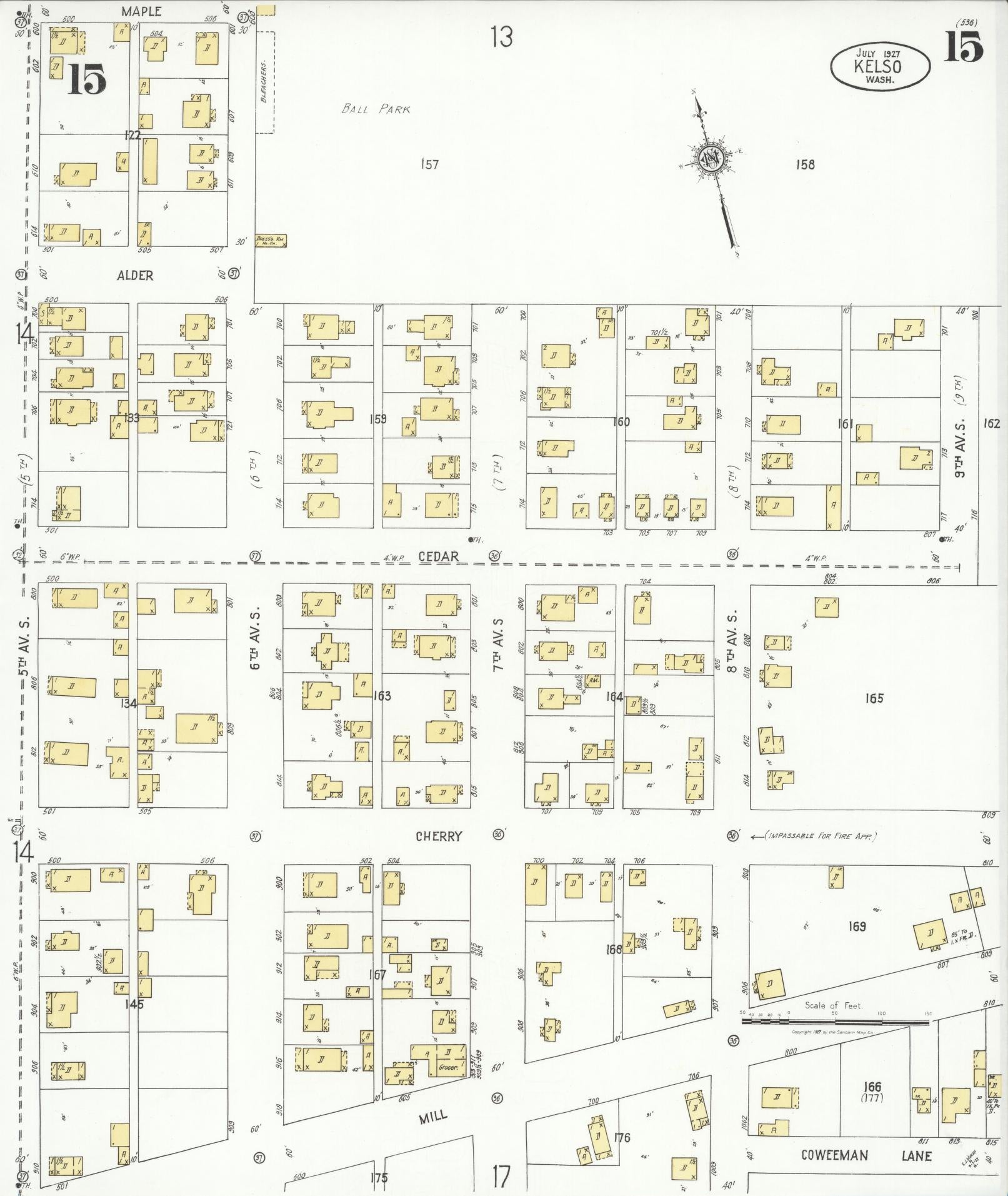 Sanborn Fire Insurance Map from Kelso, Cowlitz County, Washington (1927), Sheet #0015 - Historic Sanborn Fire Insurance Map Print, vintage old map wall art, antique decor, genealogy gift, Washington Washington map