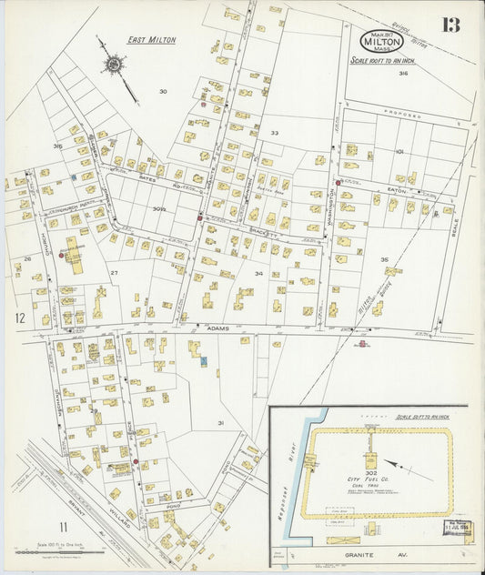 Sanborn Fire Insurance Map from Milton, Norfolk County, Massachusetts (1917), Sheet #0013 - Historic Sanborn Fire Insurance Map Print, vintage old map wall art, antique decor, genealogy gift, Massachusetts Massachusetts map