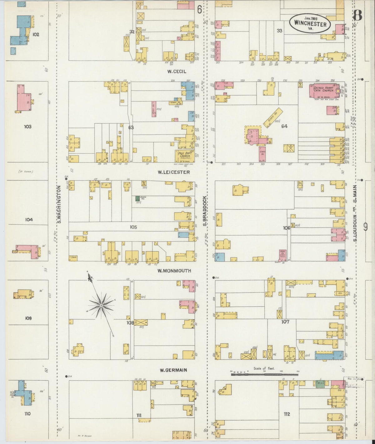 Sanborn Fire Insurance Map from Winchester, Independent Cities, Virginia (1903), Sheet #0008 - Complete Map Set gallery image, historic Sanborn map, vintage wall art, Virginia Virginia