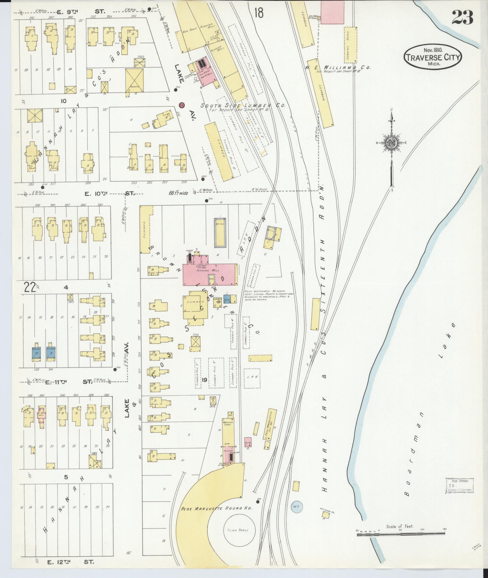 Sanborn Fire Insurance Map from Traverse City, Grand Traverse County, Michigan (1910), Sheet #0023 - Historic Sanborn Fire Insurance Map Print, vintage old map wall art, antique decor, genealogy gift, Michigan Michigan map