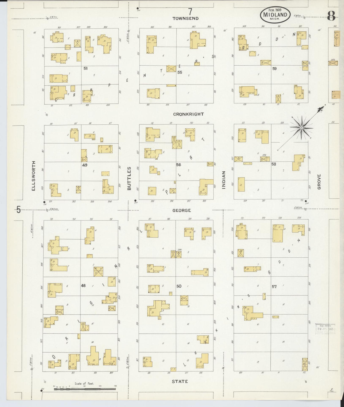 Sanborn Fire Insurance Map from Midland, Midland County, Michigan (1909), Sheet #0008 - Historic Sanborn Fire Insurance Map Print, vintage old map wall art, antique decor, genealogy gift, Michigan Michigan map