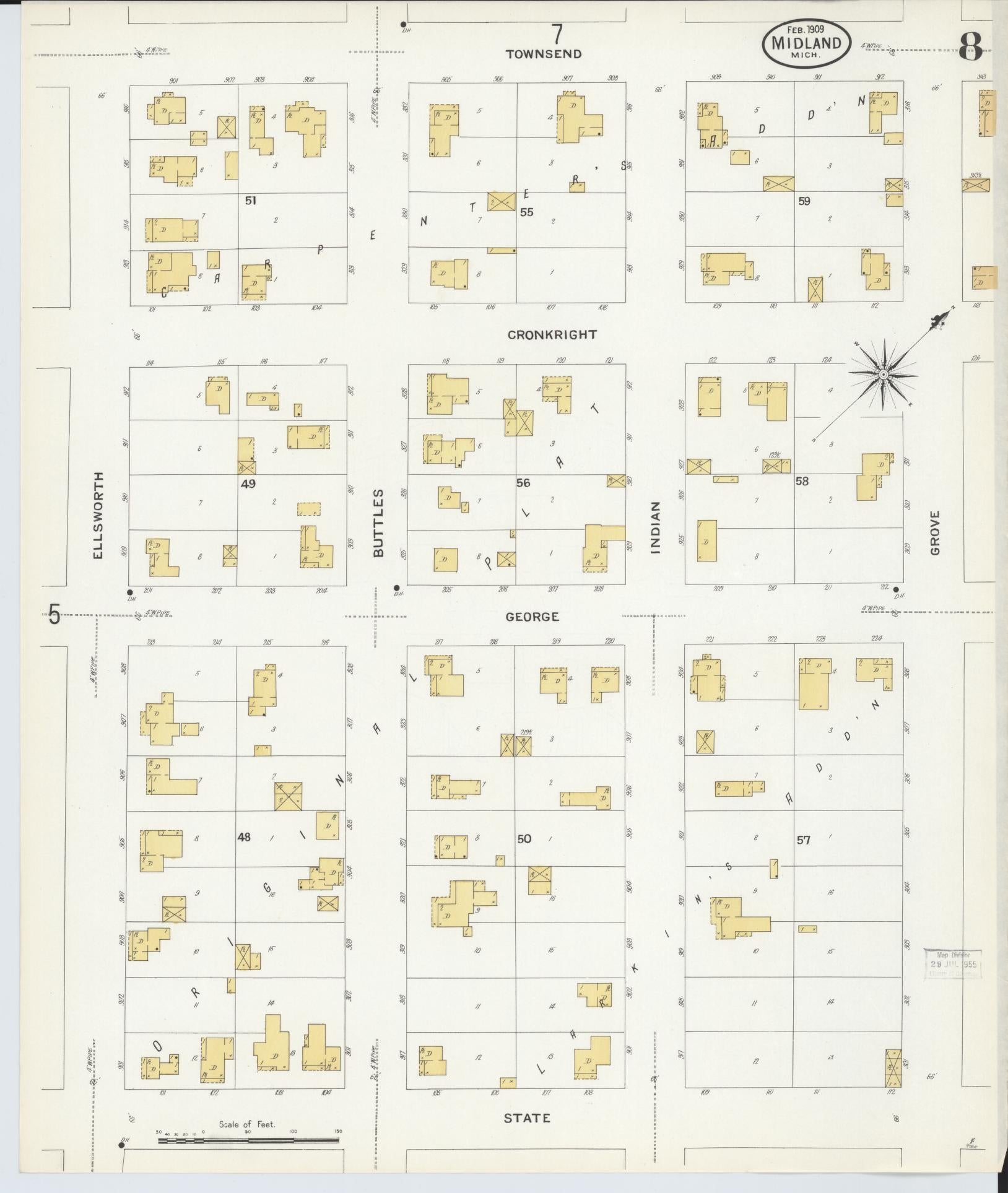 Sanborn Fire Insurance Map from Midland, Midland County, Michigan (1909), Sheet #0008 - Historic Sanborn Fire Insurance Map Print, vintage old map wall art, antique decor, genealogy gift, Michigan Michigan map