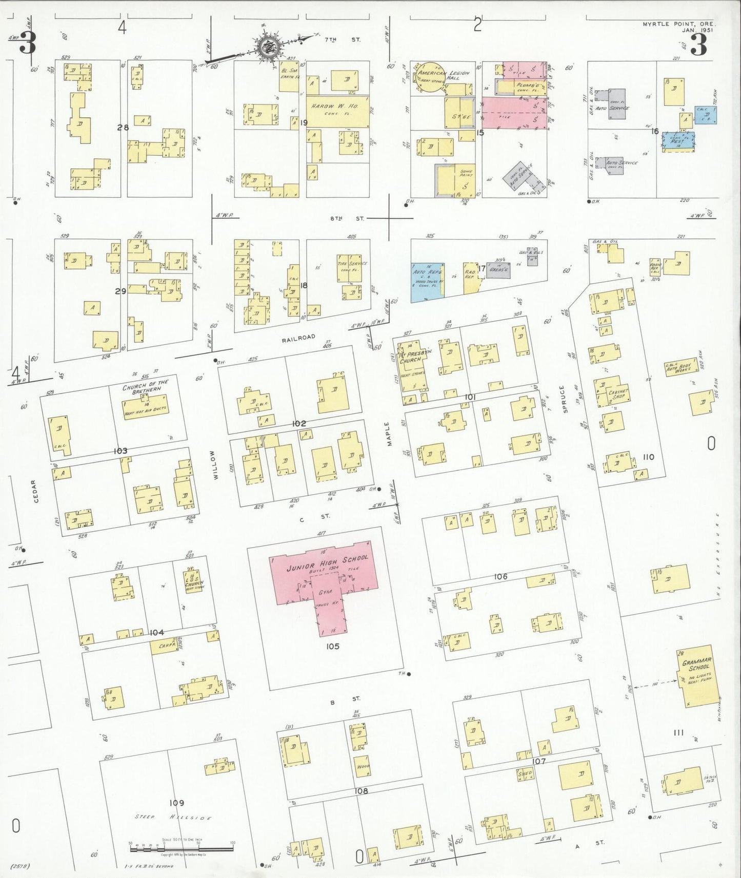 Sanborn Fire Insurance Map from Myrtle Point, Coos County, Oregon (1951), Sheet #0003 - Historic Sanborn Fire Insurance Map Print, vintage old map wall art, antique decor, genealogy gift, Oregon Oregon map
