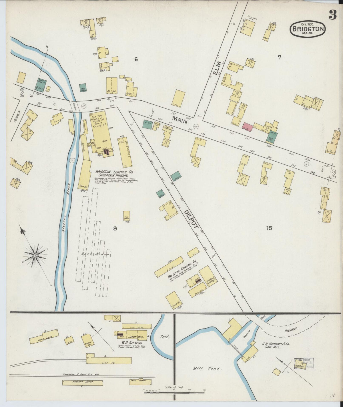 Sanborn Fire Insurance Map from Bridgton, Cumberland County, Maine (1892), Sheet #0003 - Historic Sanborn Fire Insurance Map Print, vintage old map wall art, antique decor, genealogy gift, Maine Maine map