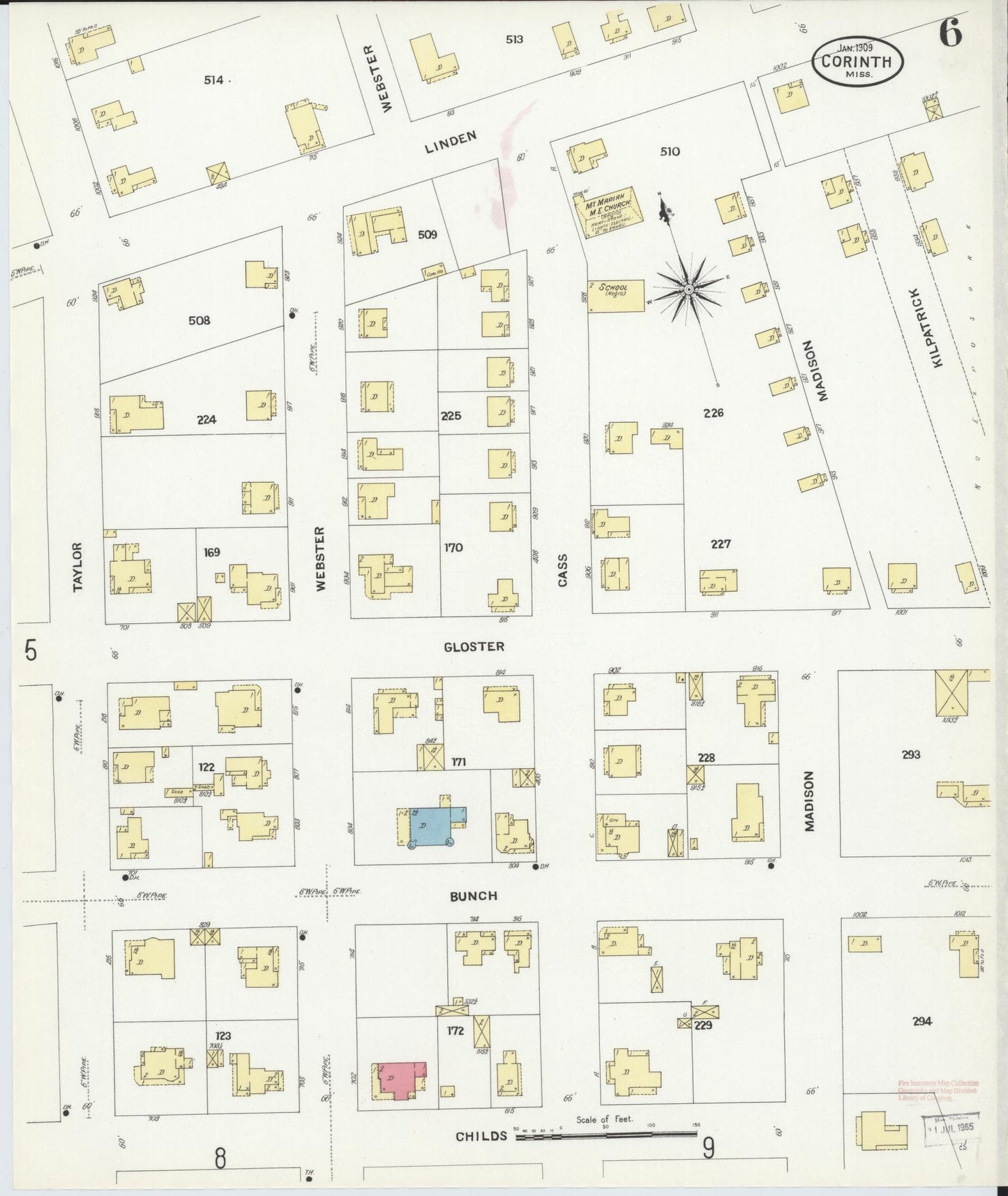 Sanborn Fire Insurance Map from Corinth, Alcorn County, Mississippi (1909), Sheet #0006 - Historic Sanborn Fire Insurance Map Print, vintage old map wall art, antique decor, genealogy gift, Mississippi Mississippi map