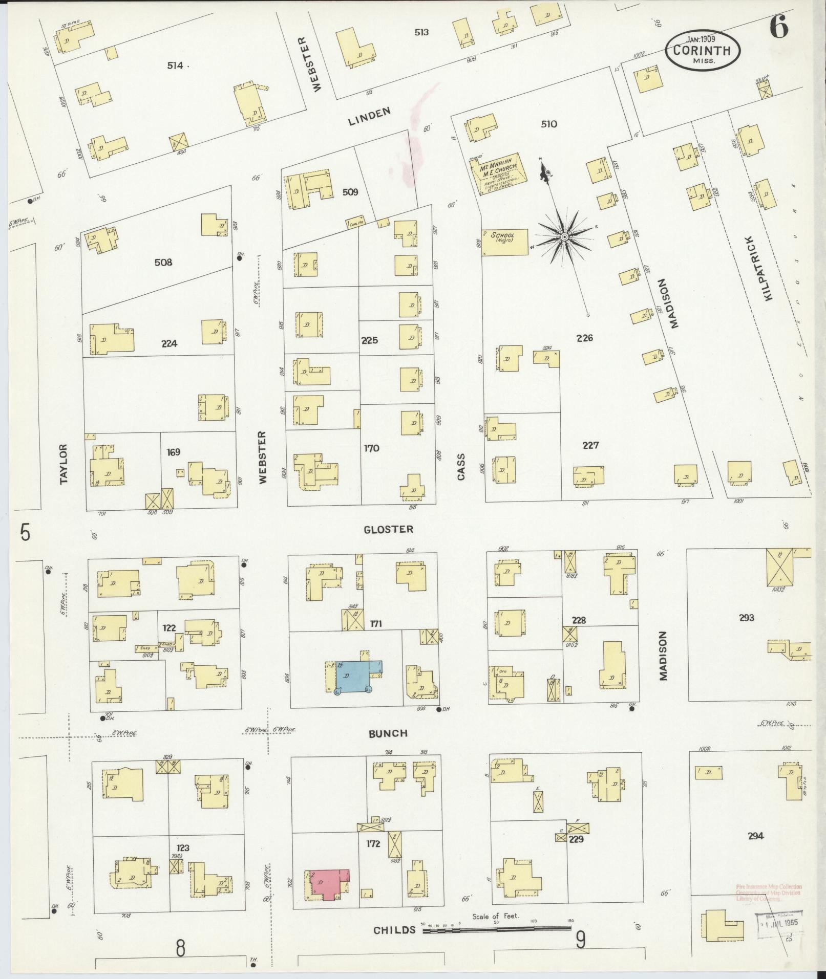 Sanborn Fire Insurance Map from Corinth, Alcorn County, Mississippi (1909), Sheet #0006 - Historic Sanborn Fire Insurance Map Print, vintage old map wall art, antique decor, genealogy gift, Mississippi Mississippi map