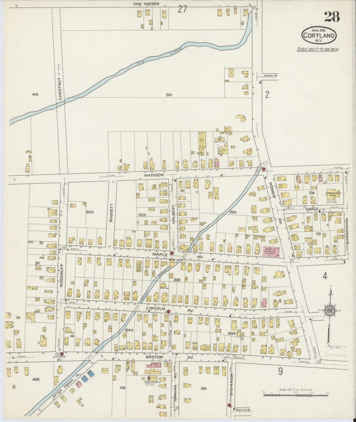 Sanborn Fire Insurance Map from Cortland, Cortland County, New York (1915), Sheet #0028 - Historic Sanborn Fire Insurance Map Print, vintage old map wall art, antique decor, genealogy gift, New York New York map