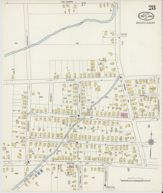 Sanborn Fire Insurance Map from Cortland, Cortland County, New York (1915), Sheet #0028 - Historic Sanborn Fire Insurance Map Print, vintage old map wall art, antique decor, genealogy gift, New York New York map