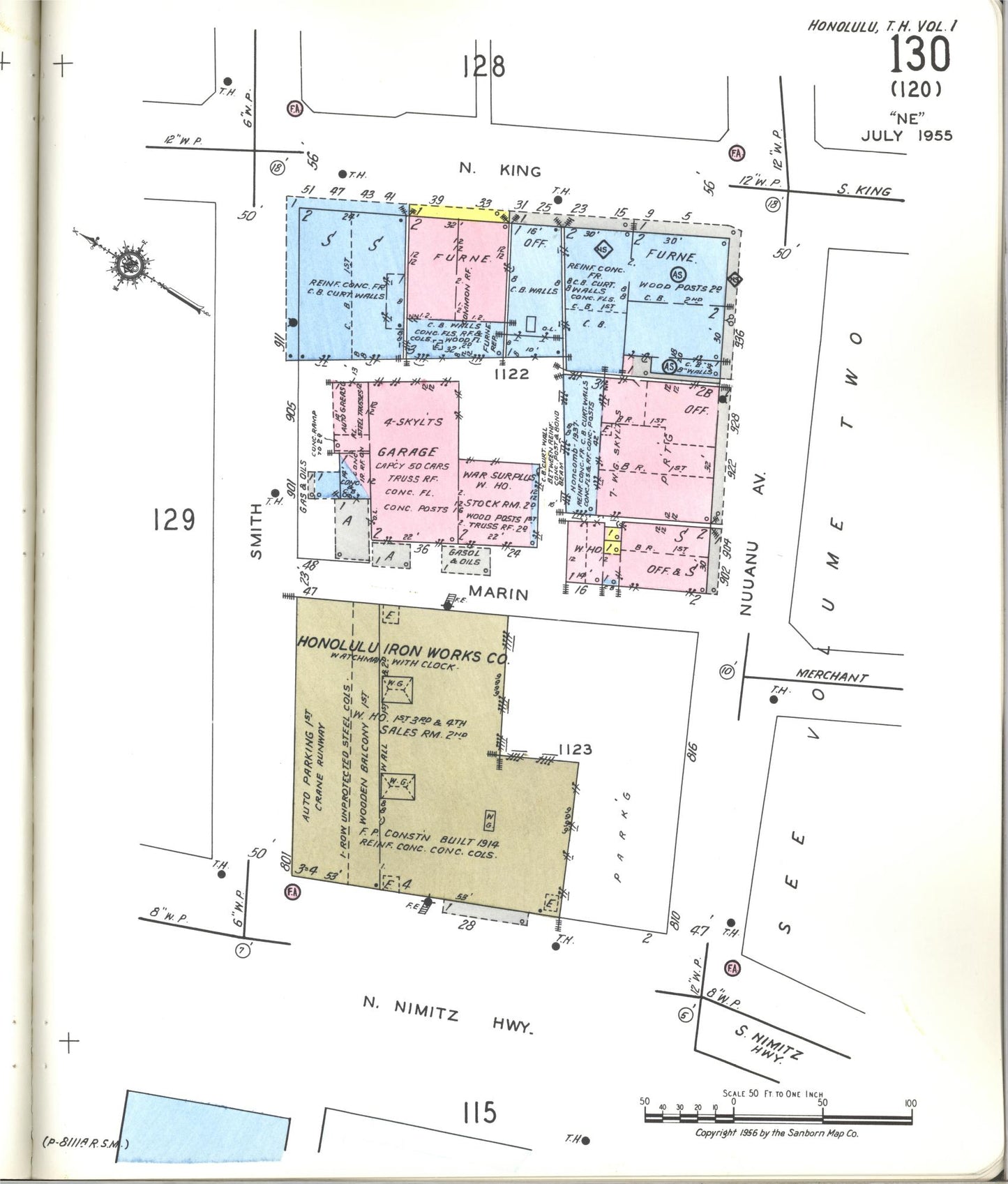 Sanborn Fire Insurance Map from Honolulu, Oahu County, Hawaii (1955), Sheet #0130 - Historic Sanborn Fire Insurance Map Print
