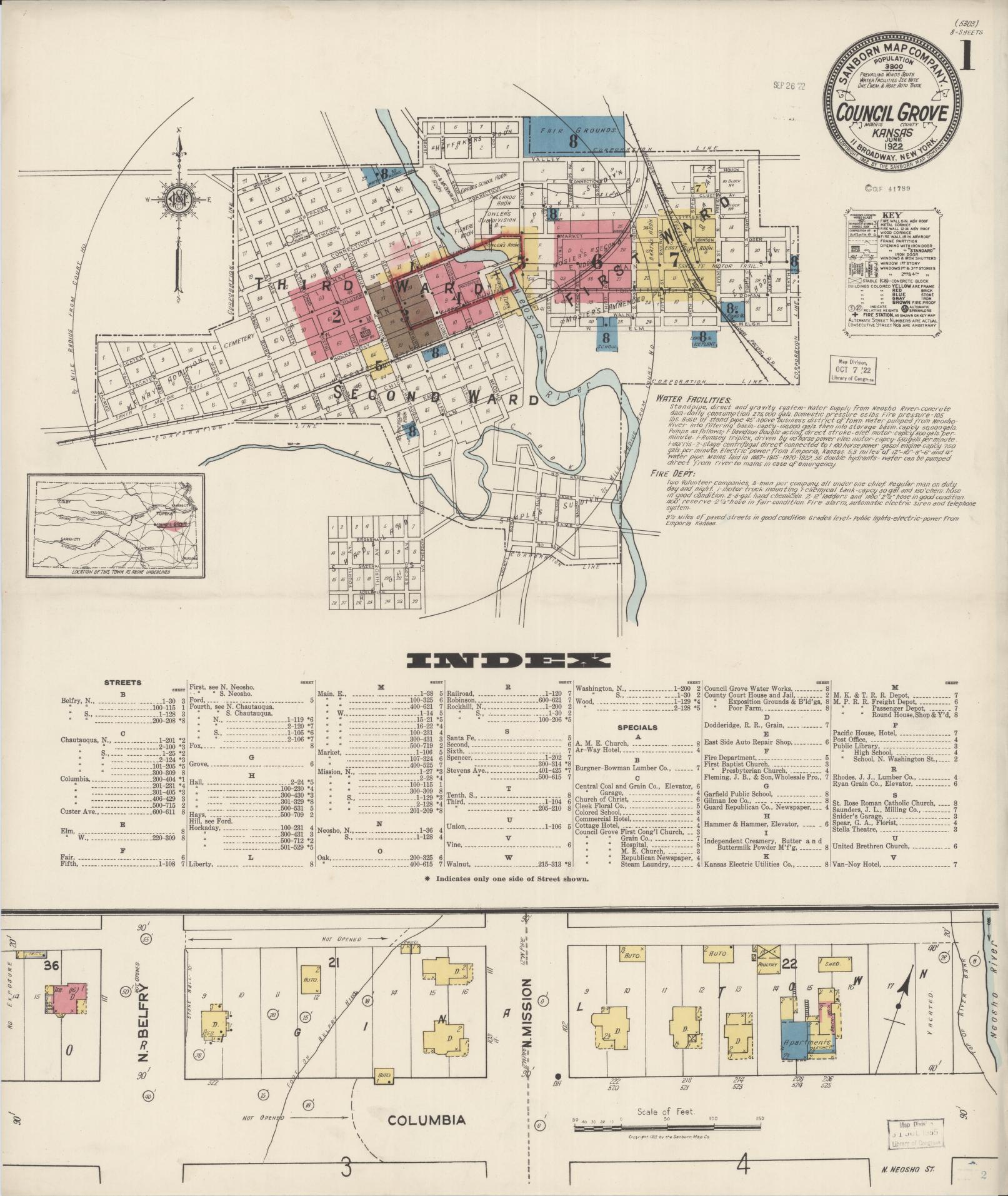 Sanborn Fire Insurance Map from Council Grove, Morris County, Kansas (1922), Sheet #0001 - Complete Map Set gallery image, historic Sanborn map, vintage wall art, Kansas Kansas