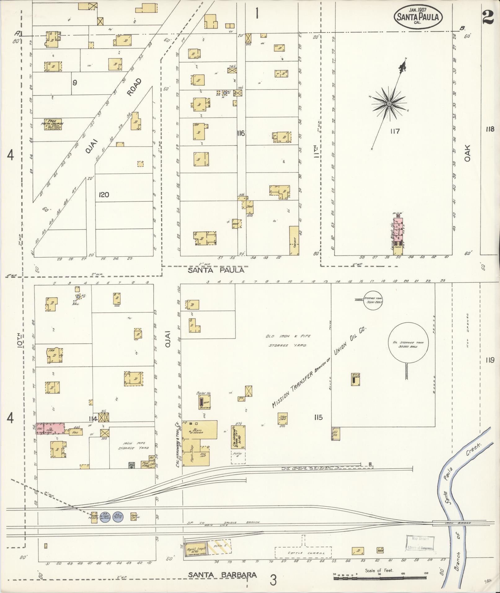 Sanborn Fire Insurance Map from Santa Paula, Ventura County, California (1907), Sheet #0002 - Complete Map Set gallery image, historic Sanborn map, vintage wall art, California California