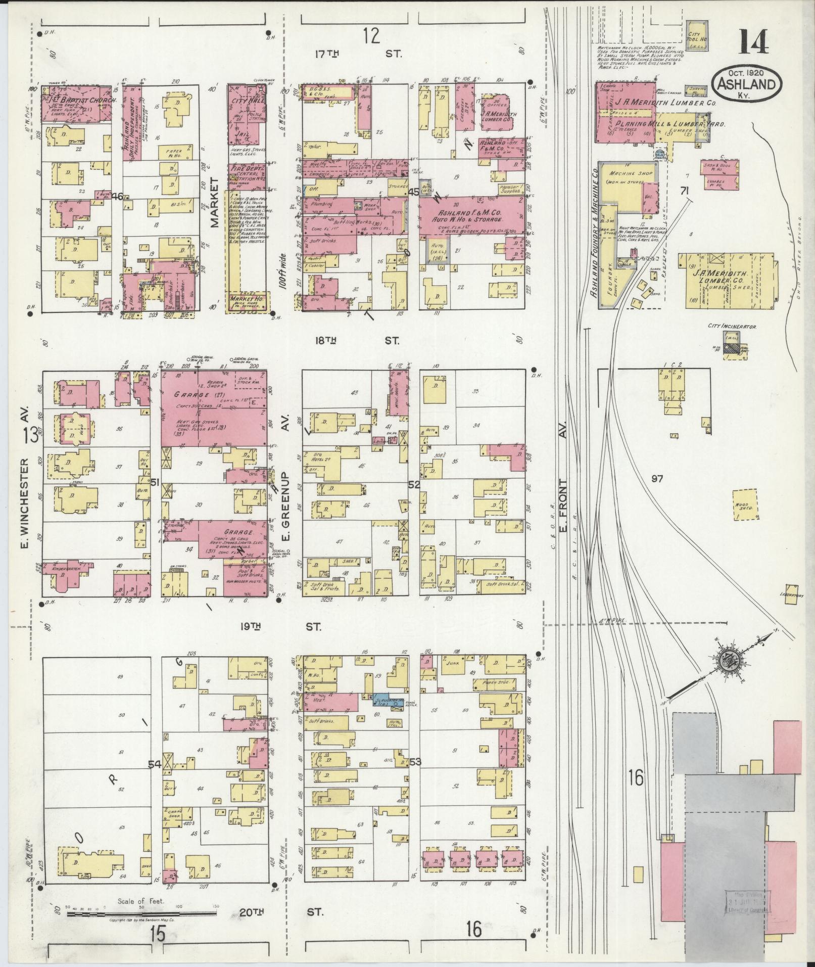 Sanborn Fire Insurance Map from Ashland, Boyd County, Kentucky (1920), Sheet #0014 - Complete Map Set gallery image, historic Sanborn map, vintage wall art, Kentucky Kentucky